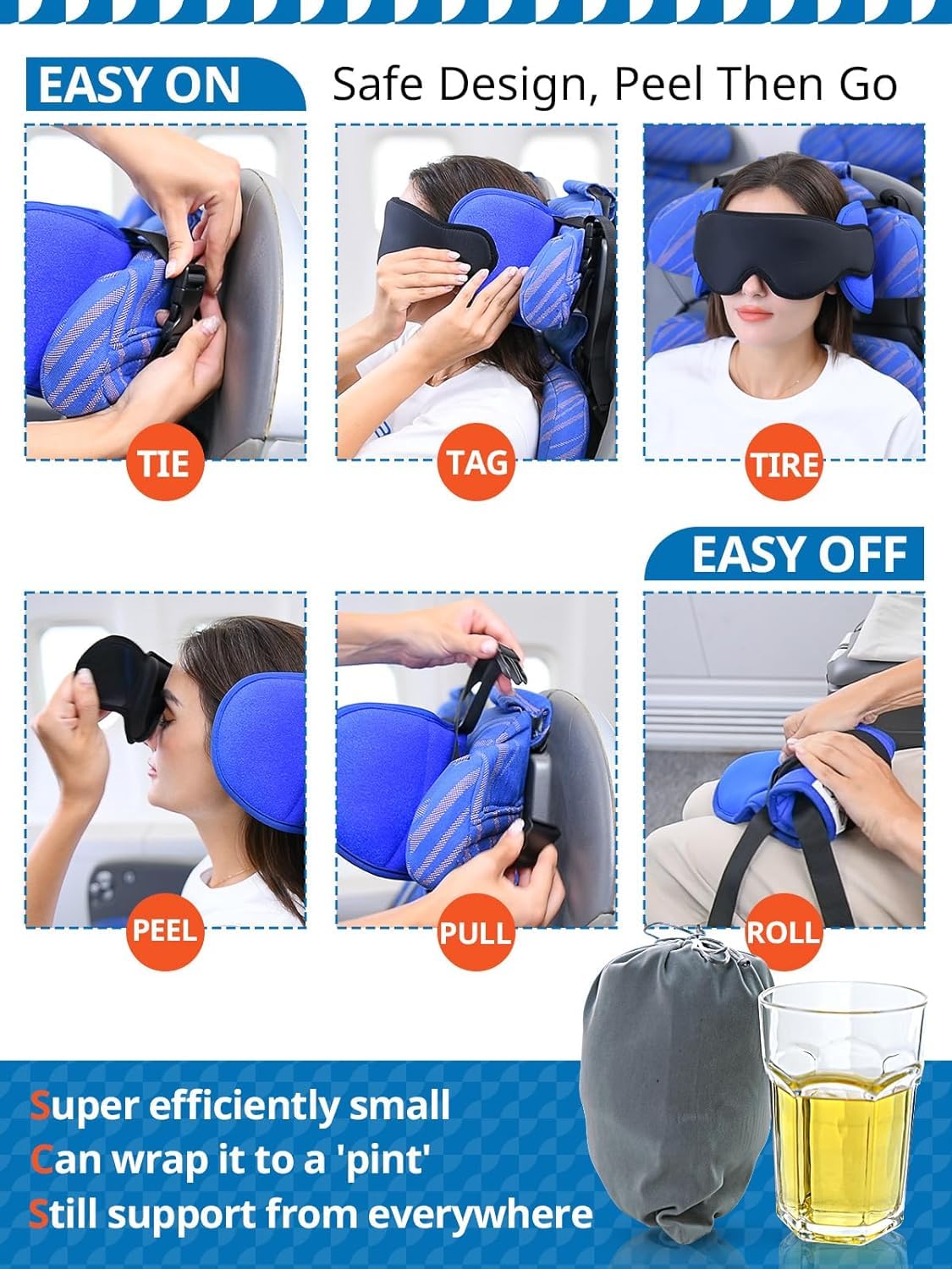 SARISUN Airplane Pillow Combo with Chin Strap, Travel Pillows for Airplanes with Sleep Eye Mask, Plane Pillow for Long Flights, Car Road Trip, 360° Headrest, Stop Bobblehead, Black