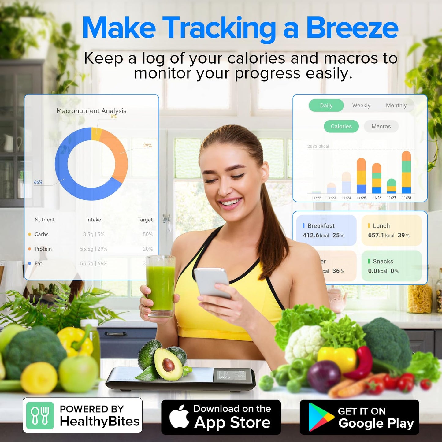 MrOwner Smart Food Kitchen Scale with Nutritional Calculator, Free App with 19 Nutrients Tracking, Calorie, Marco, Digital Weight Grams and Ounces for Weight Loss, Premium Stainless Steel, 22lb