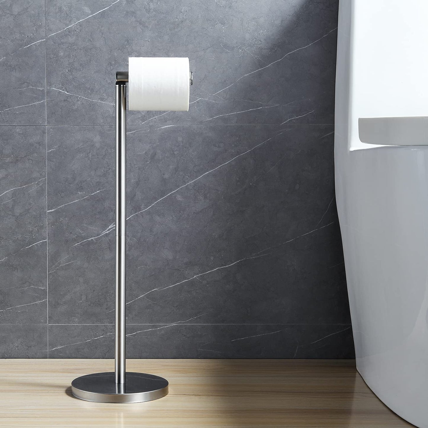BGL Toilet Paper Holder Standing On Floor, Brushed Nickel, Tissue Holder On Floor with Reserve Storage Paper Rolls, Free-Standing Roll Paper Holder
