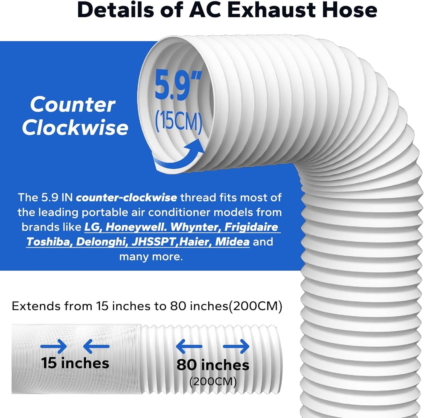 Cestluck Flexible AC Exhaust Hose, 5.9" Diameter Counterclockwise AC Hose, Length to 80", Portable Air Conditioner Vent Hose Compatible with Delonghi & LG Air Conditioner Parts