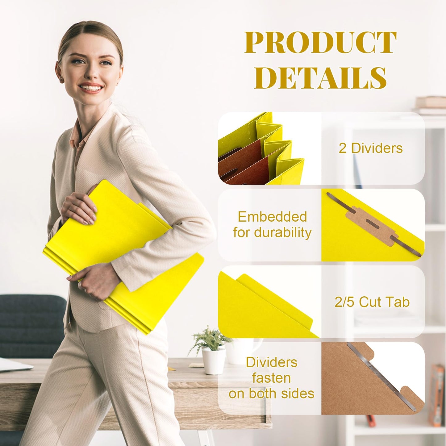 Skyygemm 12 Pcs Classification Folders Letter Size Bulk - 2 Dividers Pressboard File Folder with 3. 5 Inch Expansion, 2 Prongs Fastener, Heavy Duty Office File Organizer for Teacher Medical (Yellow)