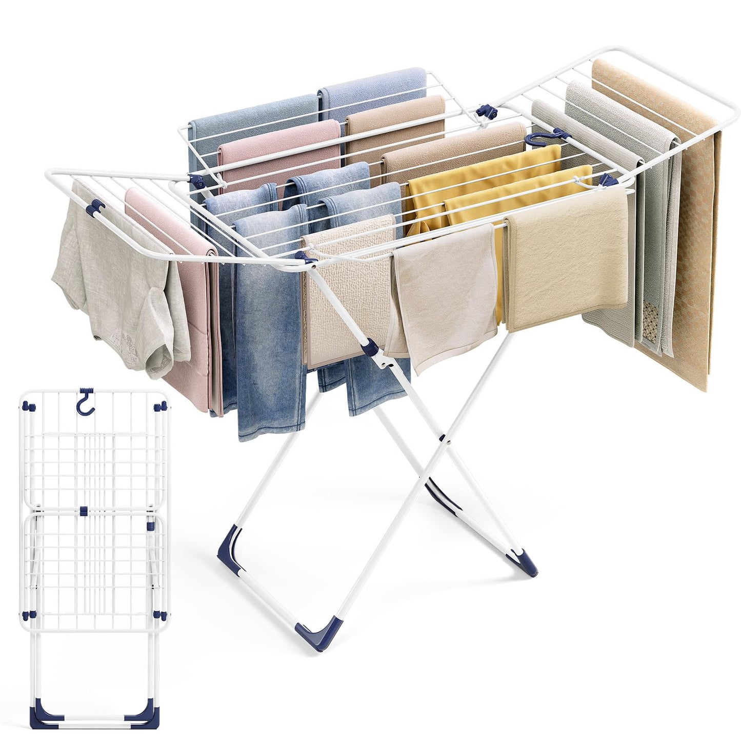 APEXCHASER Clothes Drying Rack, Metal Drying Rack Clothing, Laundry Rack Foldable, Space-Saving, Free-Standing Airer with 4 Gullwings, Indoor Outdoor Use, 55.12"*37.8"*17.52", White
