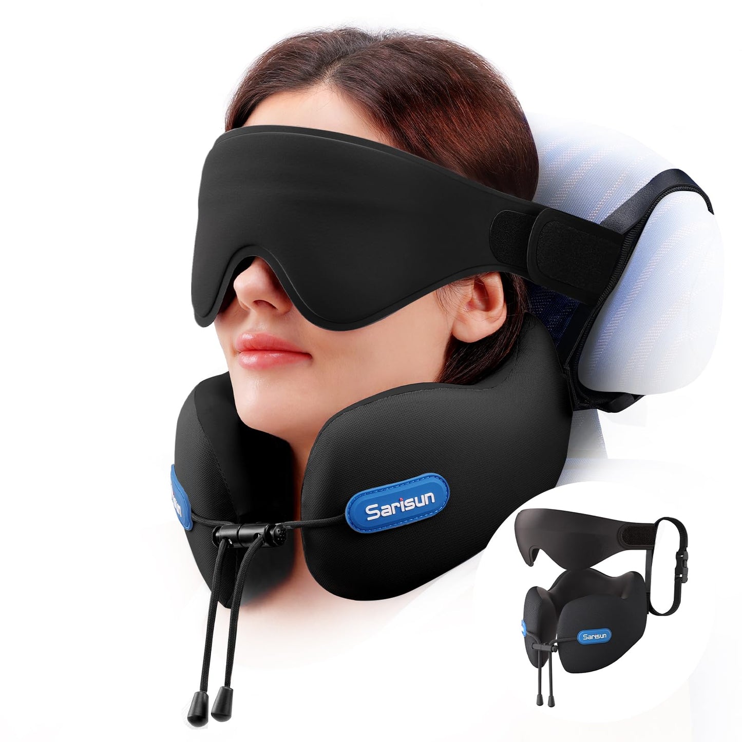 SARISUN Neck Pillow Airplane,Travel Pillow with Strap,Combo 3D Eye Mask for Sleep,Dual-Density Supportive Foam Travel Neck Pillow for Airplane Flights,Car Road Trip Travel Essentials Black
