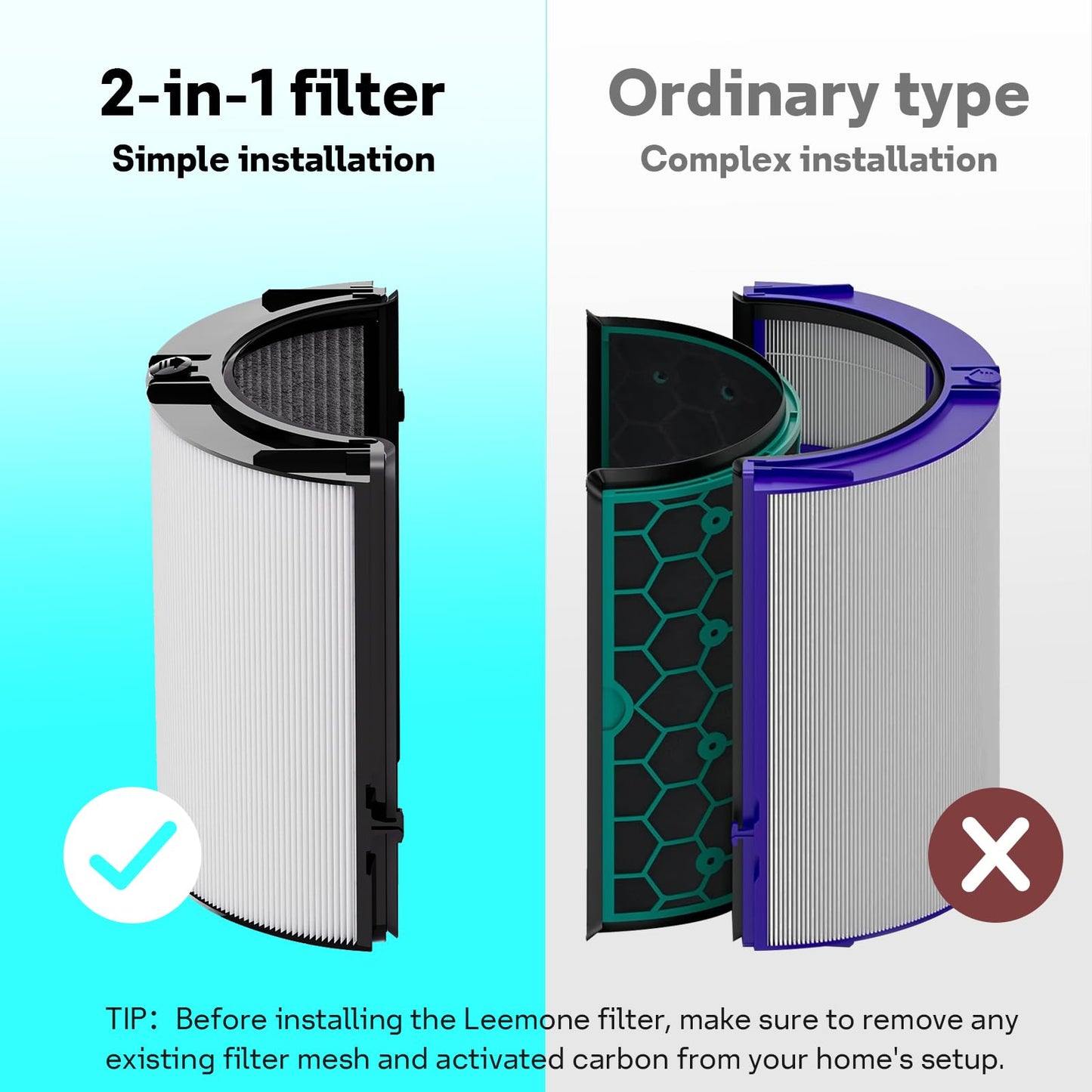 Leemone 360° Combi 2 in 1 HEPA+Carbon Replacement Filter Compatible with Dyson HP1 TP06 HP06 PH02 PH01 PH03 PH04 HP09 TP09 HP07 TP07 TP10 HP10, H13 Grade True HEPA Replacement Filter