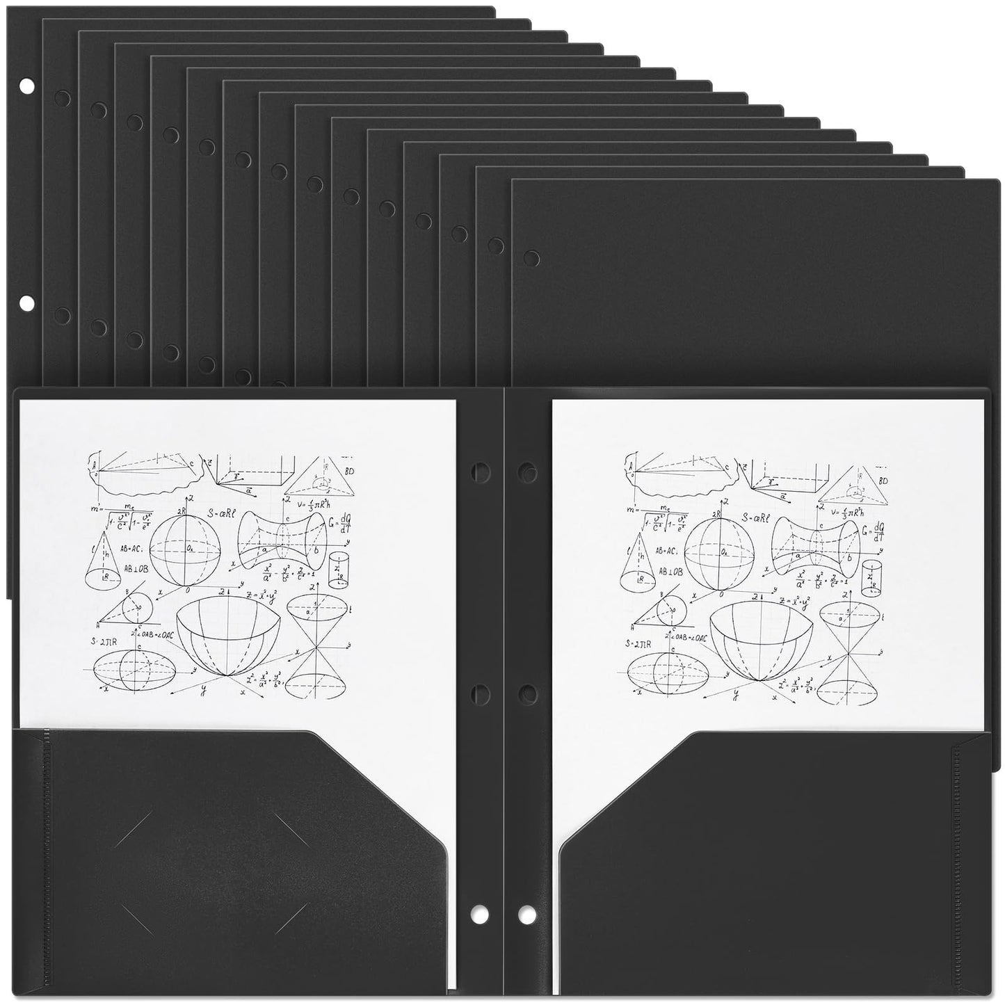 Yeaqee 50 Pcs Plastic Folders with Pockets Bulk 3 Hole Punched 2 Pocket File Folders for 3 Ring Binder Divider Folder for Notebooks, Durable Poly for Office Home (Black)