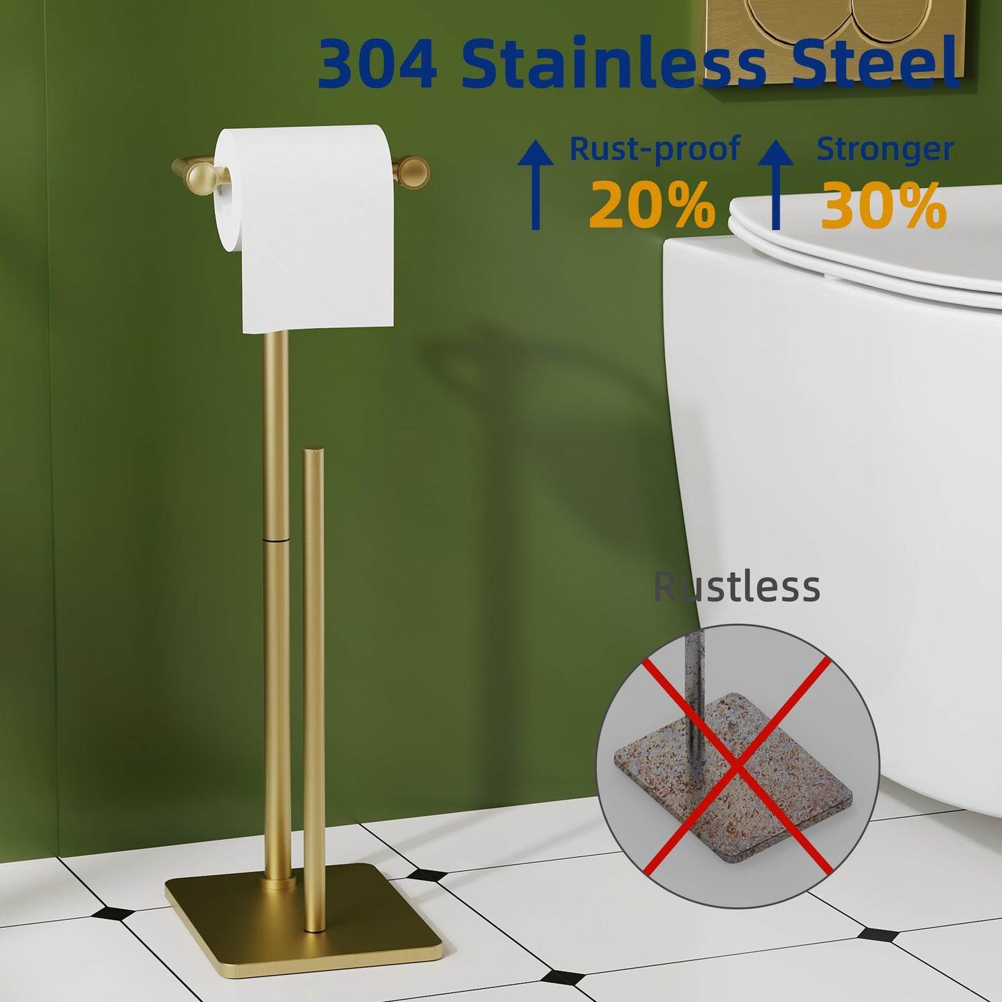 RUACQ Toilet Paper Holder Stand, Bathroom Toilet Paper roll Holder Free Standing with Storage for 4 Rolls, Post Pivoting Design, Stable Weighted Base, SUS304 Stainless Steel (Brushed Gold)