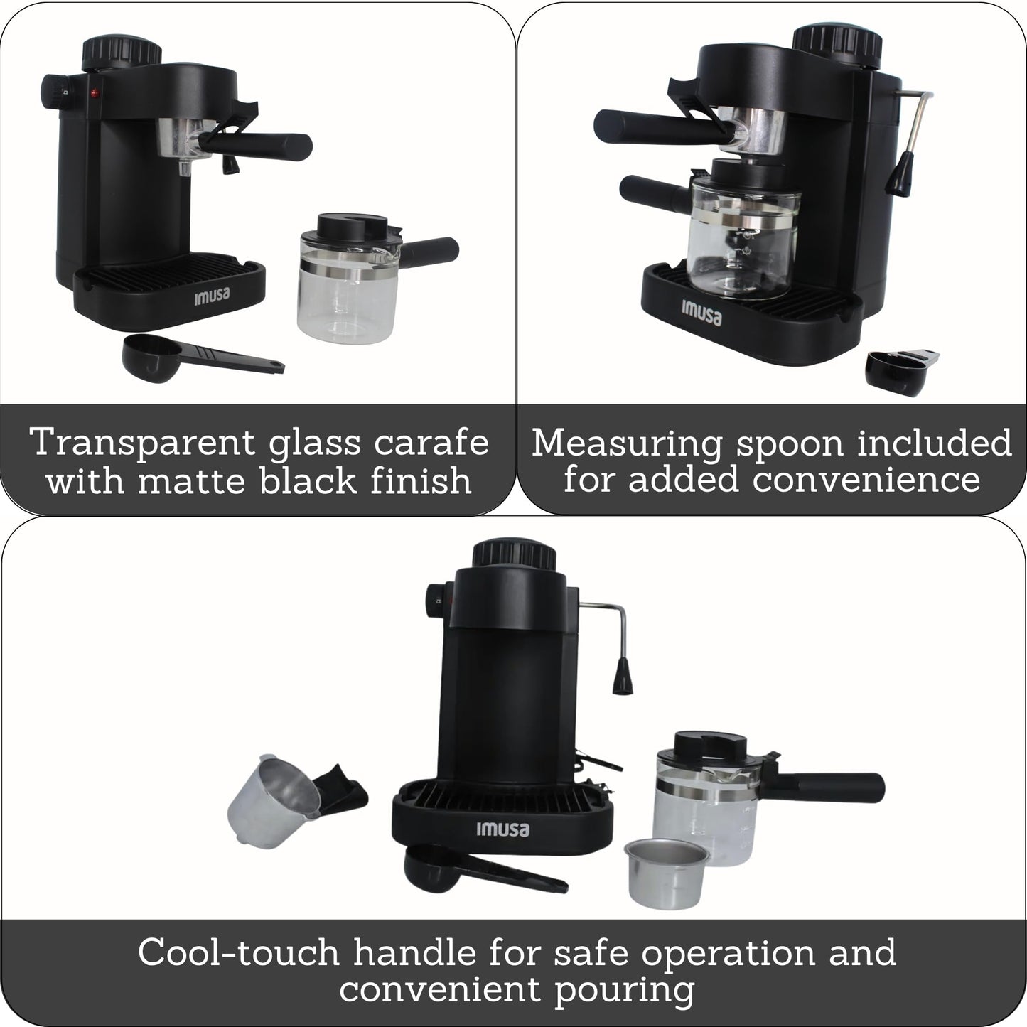 IMUSA Electric Espresso Cappuccino Maker 4 Cup Capacity with Milk Frother Black Coffee Machine for Home Barista Experience
