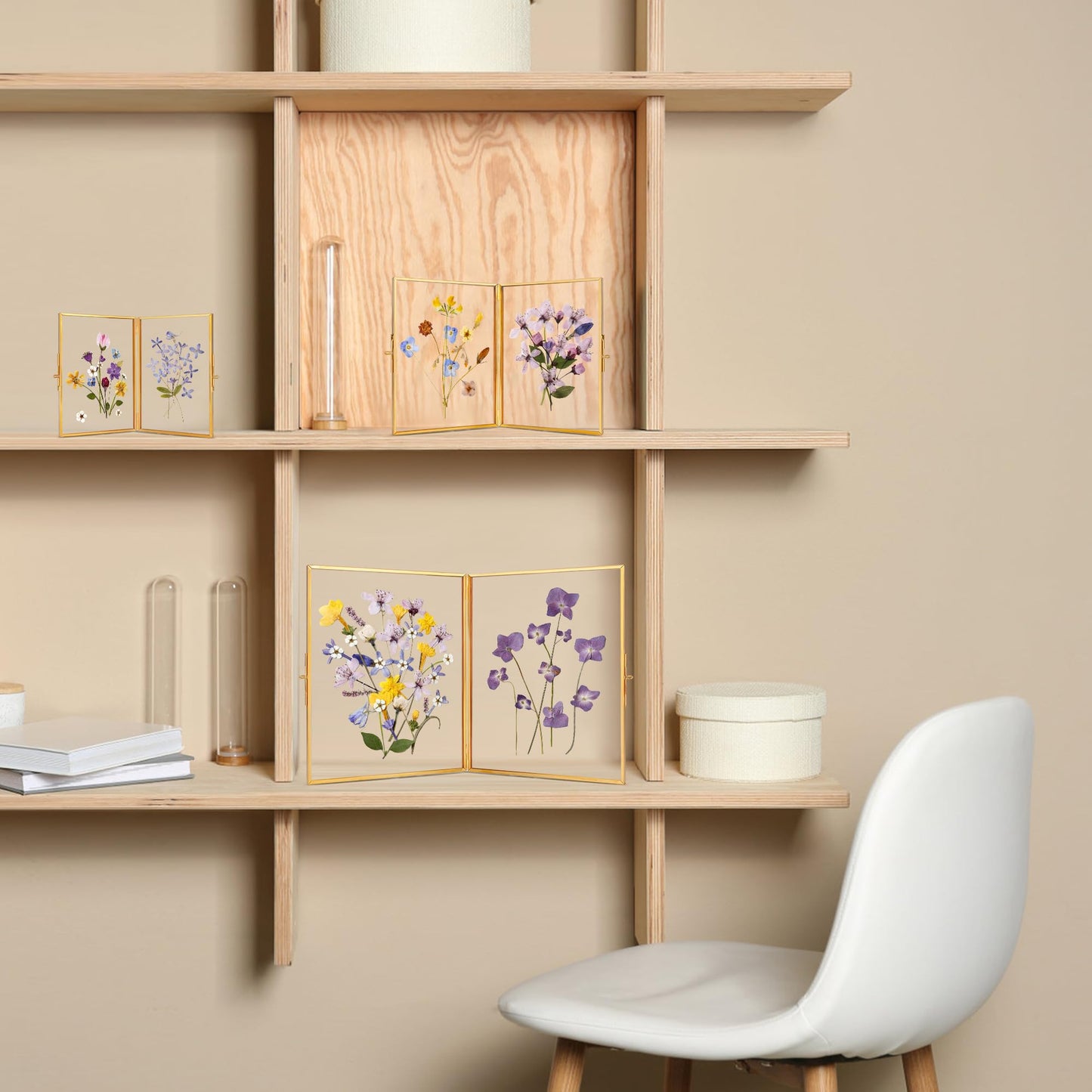 REDHUGO Glass Pressed Flower Frame Handmade, Hinged Double Press Flower Frame, Tabletop Brass Photo Frames, Rectangle Dried Flowers Display Folding Frames for Home, Gold,5×7 Inches