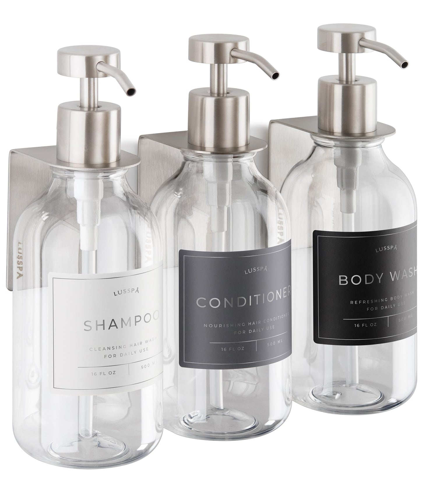 Shower Shampoo Dispenser Wall Mounted – 3 Refillable 16.9 oz Clear Bottles with Stainless Steel Pumps & No-Drill Adhesive Holders – Soap Dispenser Set for Bathroom (3 X Clear/Silver)