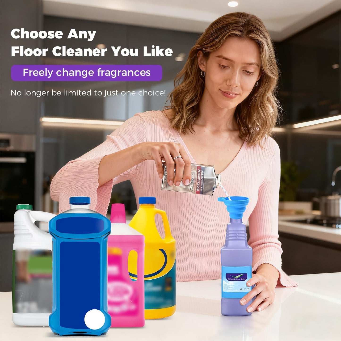 Refillable Replacement Bottle for Swiffer® Wet Jet™ Mop, 1250ml /42 oz, Empty, Leak-Proof HDPE Cleaner Solution Refill Bottle with 7 Silicone Gaskets & 1 Foldable Funnel