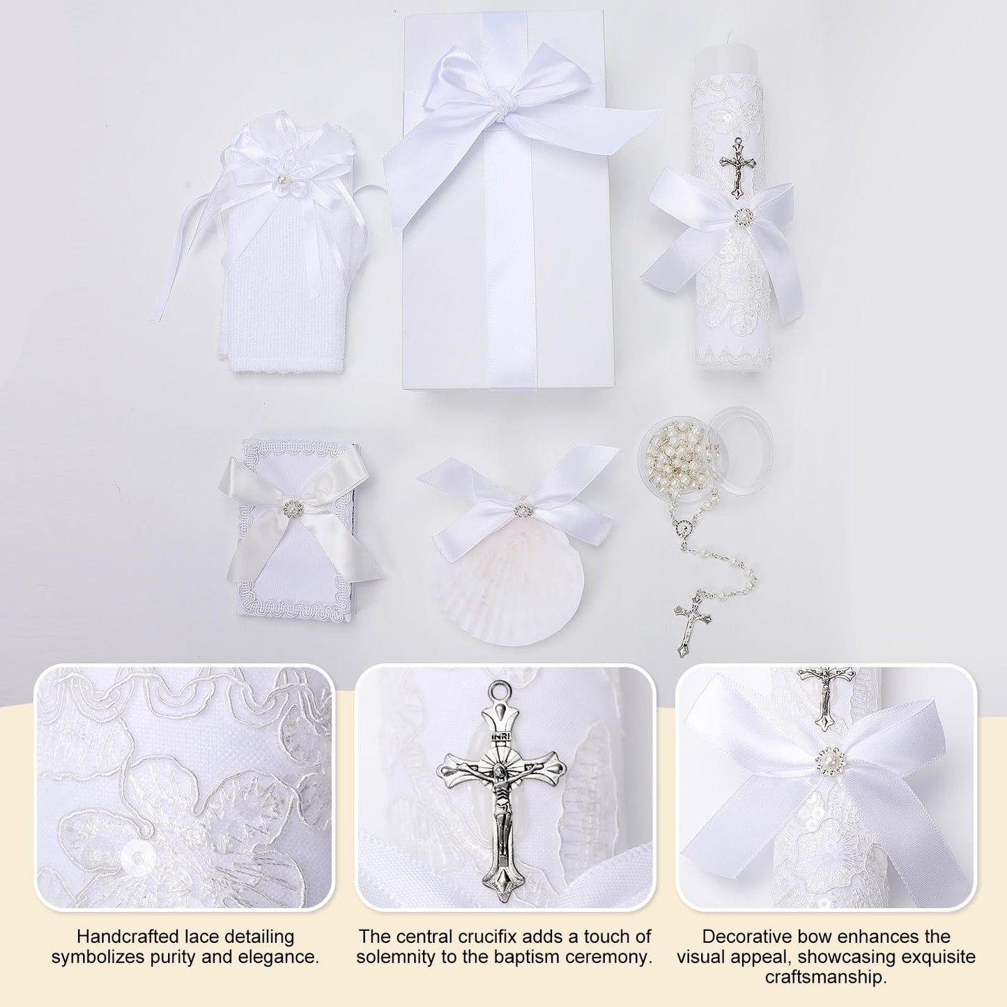 Baptism Candle Set for Boys and Girls,White 5 PCS Baptism Kit Catholic Candle,Baptismal Towel,Shell,Rosary,Bible for Baptismal Christening First Communion Gift,Velas para Bautizo De Niño o Niña