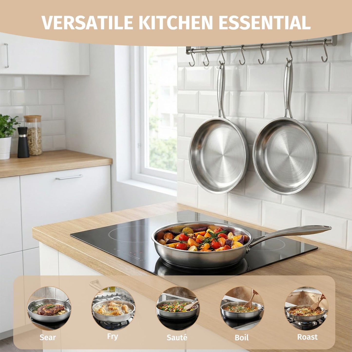KEGDAN Tri-Ply Stainless Steel Frying Pan Set With Lids, 13pcs Stainless Steel Cookware Set with Detachable Handle, Induction Compatible Skillets for All Stovetops, Dishwasher and Oven Safe, Sliver