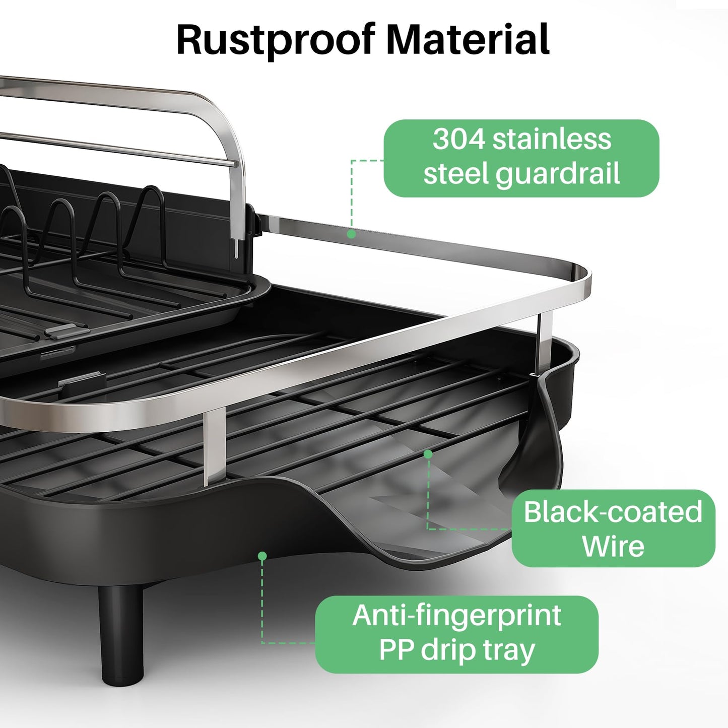 SAYZH Dish Drying Rack - Expandable Dish Rack for Kitchen Counter, Rust-Resistant Dish Drainer with Utensil Holder and Raised Guardrail, Kitchen Organizer for Cup and Bottle (Black)