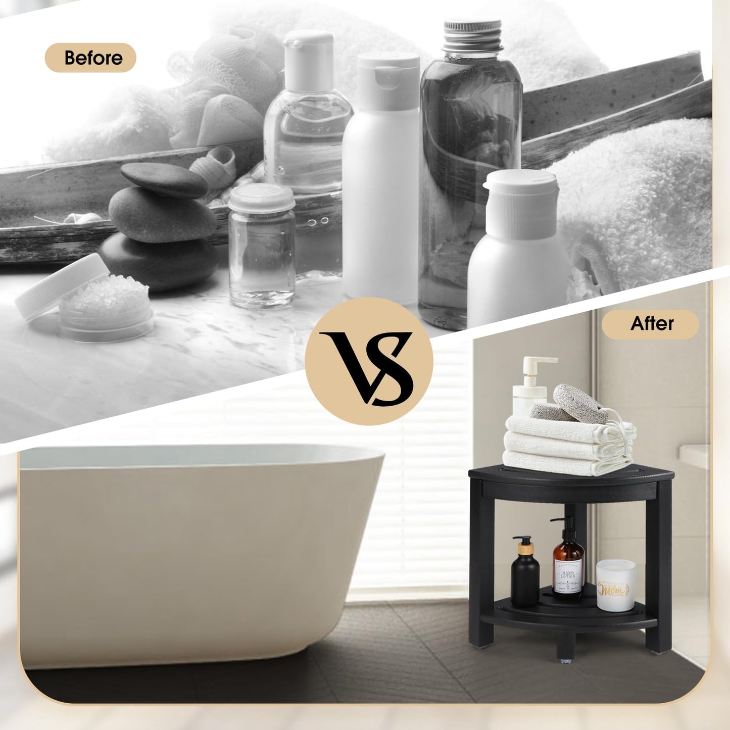 Apolimi HDPE Corner Shower Stool,Shower Bench Seat with Storage Shelf for Shaving Legs Plastic Spa Bath Step Foot Rest for Bathroom Small Place (Black)