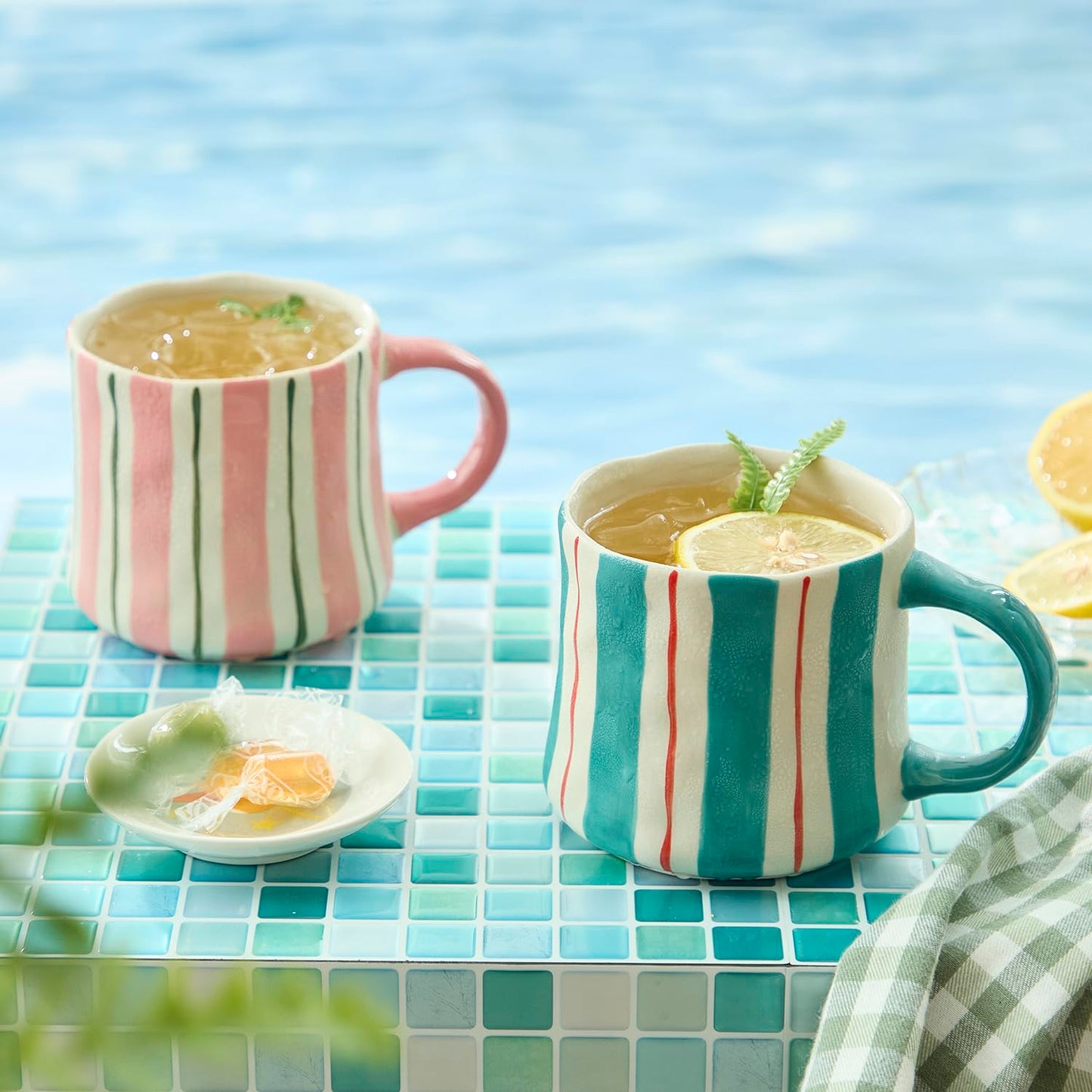 Hand-Painted Ceramic Coffee Mugs Set of 4 – 16oz Large Capacity Artistic Tea Cups with Checkerboard & Striped Patterns, Microwave & Dishwasher Safe for Home, Office, Kitchen (Summer Vibes Collection)