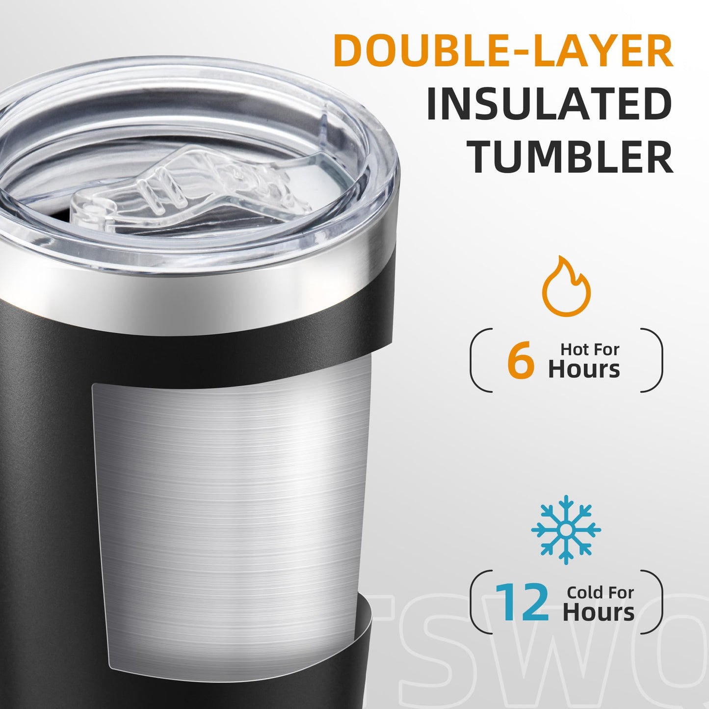 HZJSTSWQ 20 oz Tumbler Bulk with Lid Stainless Steel Insulated Tumblers Double Wall Vacuum Coffee Mug Powder Coated Tumbler Cups for Cold and Hot Drinks, Black, 6 pack