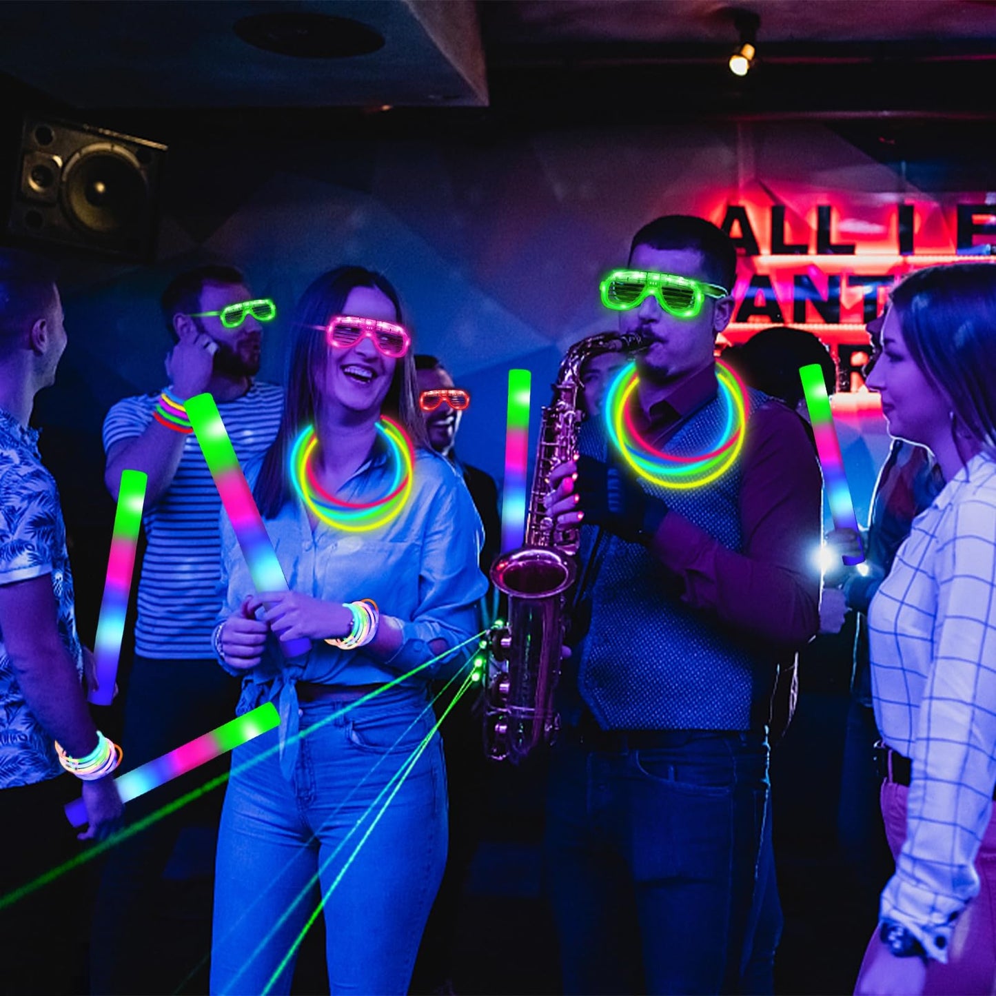 148 PCS Glow in the Dark Party Supplies- 24 Pcs 16" Foam Glow Sticks, 24 Pcs LED Glasses, 100Pcs Glow Sticks Necklaces Bracelets Light Up Party Favors Pool Party Wedding Concert 4th of July Patriotic