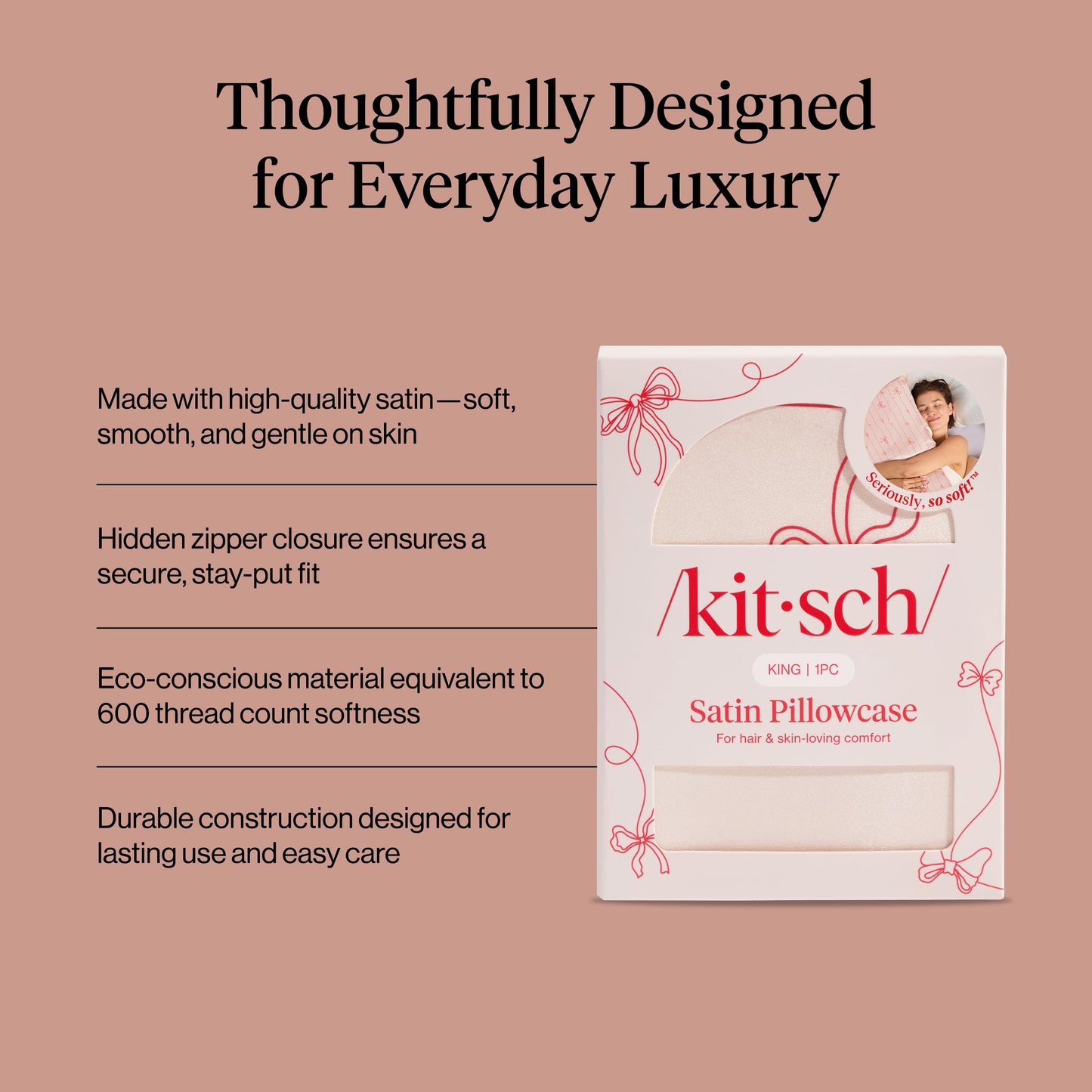 Kitsch Satin Pillowcase with Zipper for Hair & Skin - Softer Than Silk Pillow Cases, Smooth Cooling Satin Pillow Case, Wrinkle-Free Pillow Cases King Size (19x36) - Striped Bows