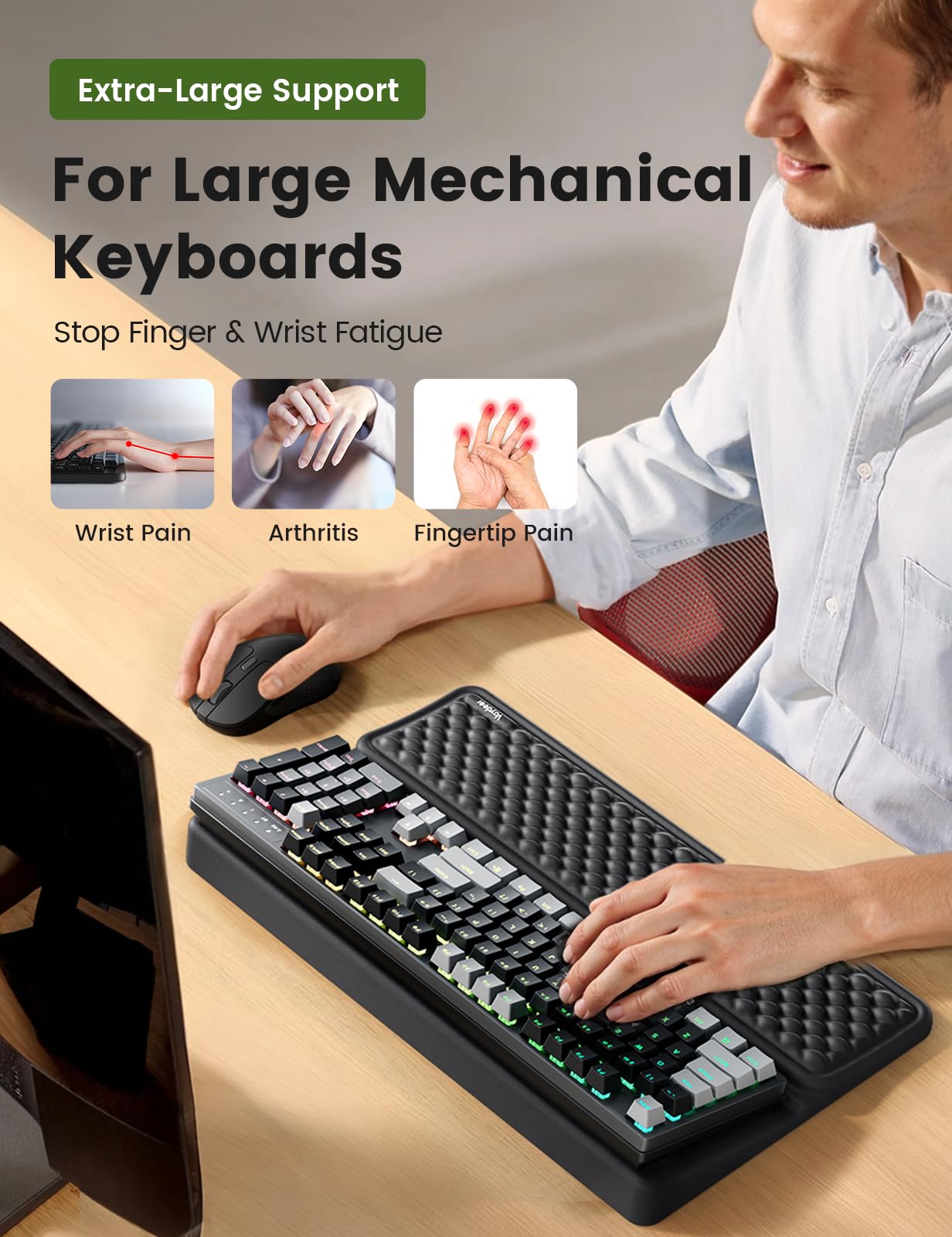 Vaydeer Extra-Large Wrist Rest with Keyboard Stand, Ergonomic Wrist Support Pad, Soft Memory Foam Wrist Cushion for Mechanical 100% Full-Size Keyboard, Carpal Tunnel Pain Relief, Black