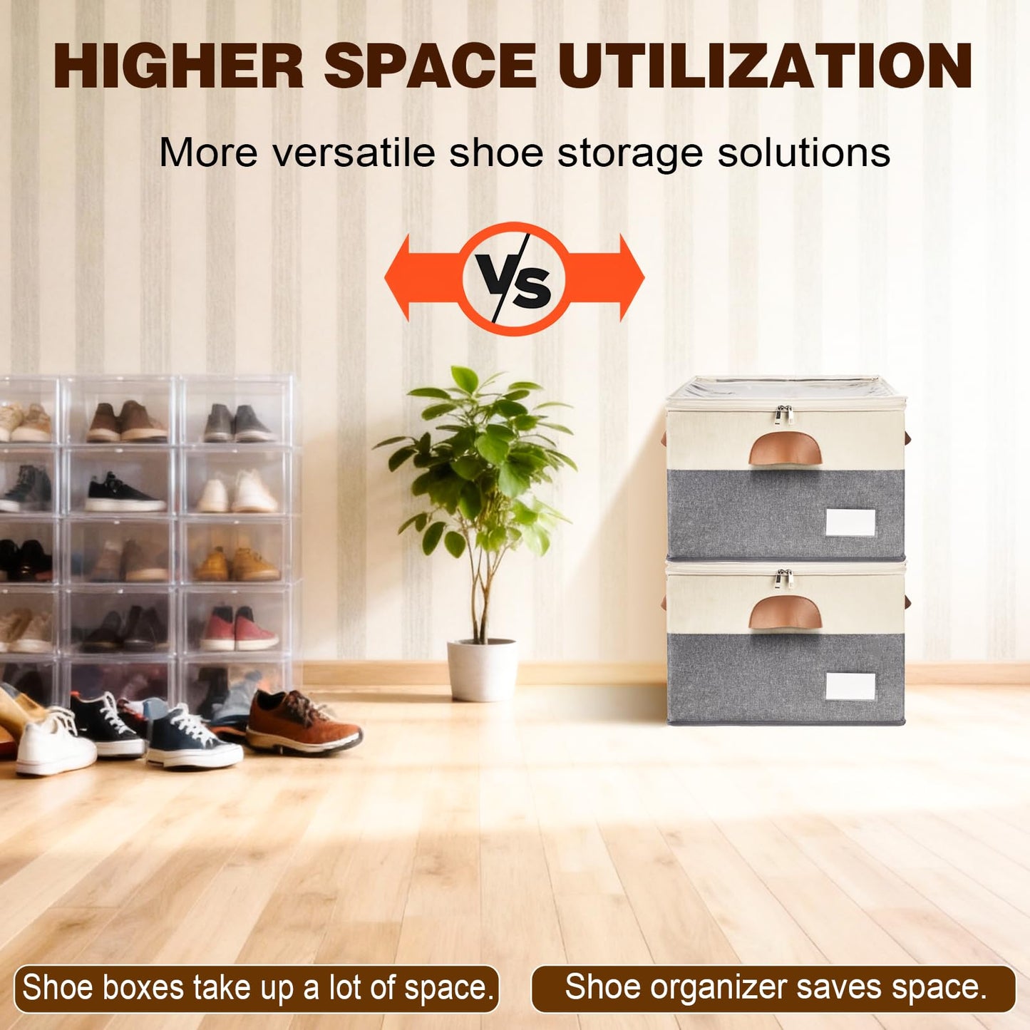 JHHBHV 2 Pack Shoe Organizer for Closet, Adjustable Shoe Box Storage Containers, Large Foldable Shoe Bins with Clear Cover, Space Saving Shoes Holder with 4 Handles, Fits 16-32 Pairs, Beige