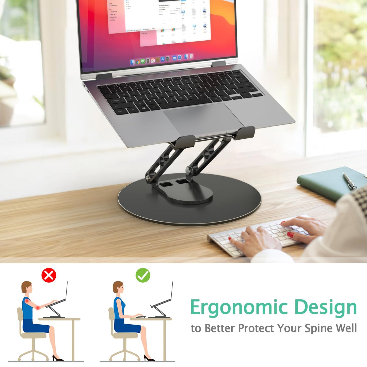 GleYo Laptop Stand for Desk Adjustable Computer Stand with 360 Rotating Base Ergonomic Laptop Riser Mount for Desk Foldable Protable Computer Desk Fits with MacBook Pro Air, Round Black