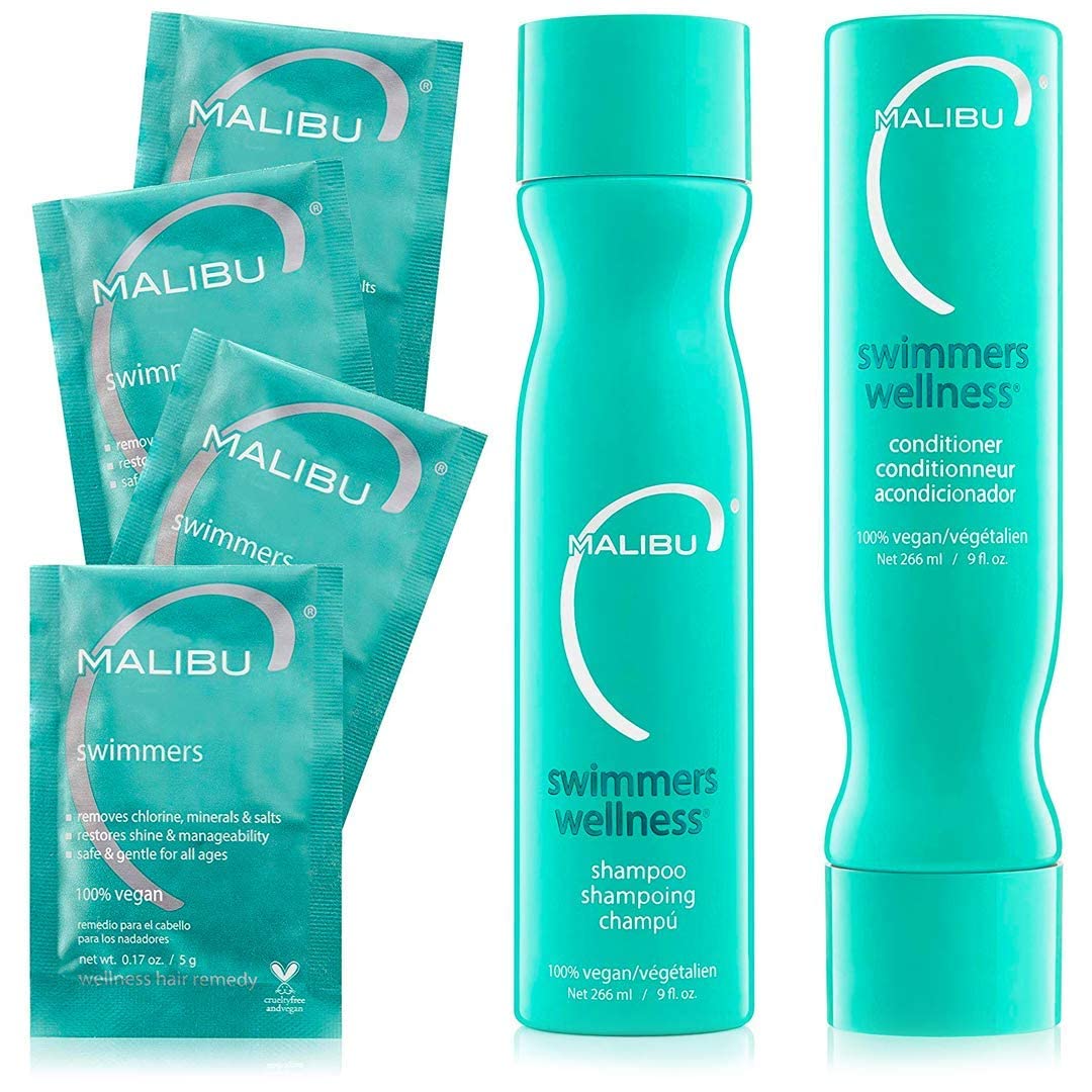 Malibu C Swimmers Wellness Collection - Swimmers Shampoo and Conditioner Set + Hair Mask Packets - Moisturizing, Shine Restoring Hair Care Kit - Protects Hair Discoloration from Pool Elements (6 Ct)