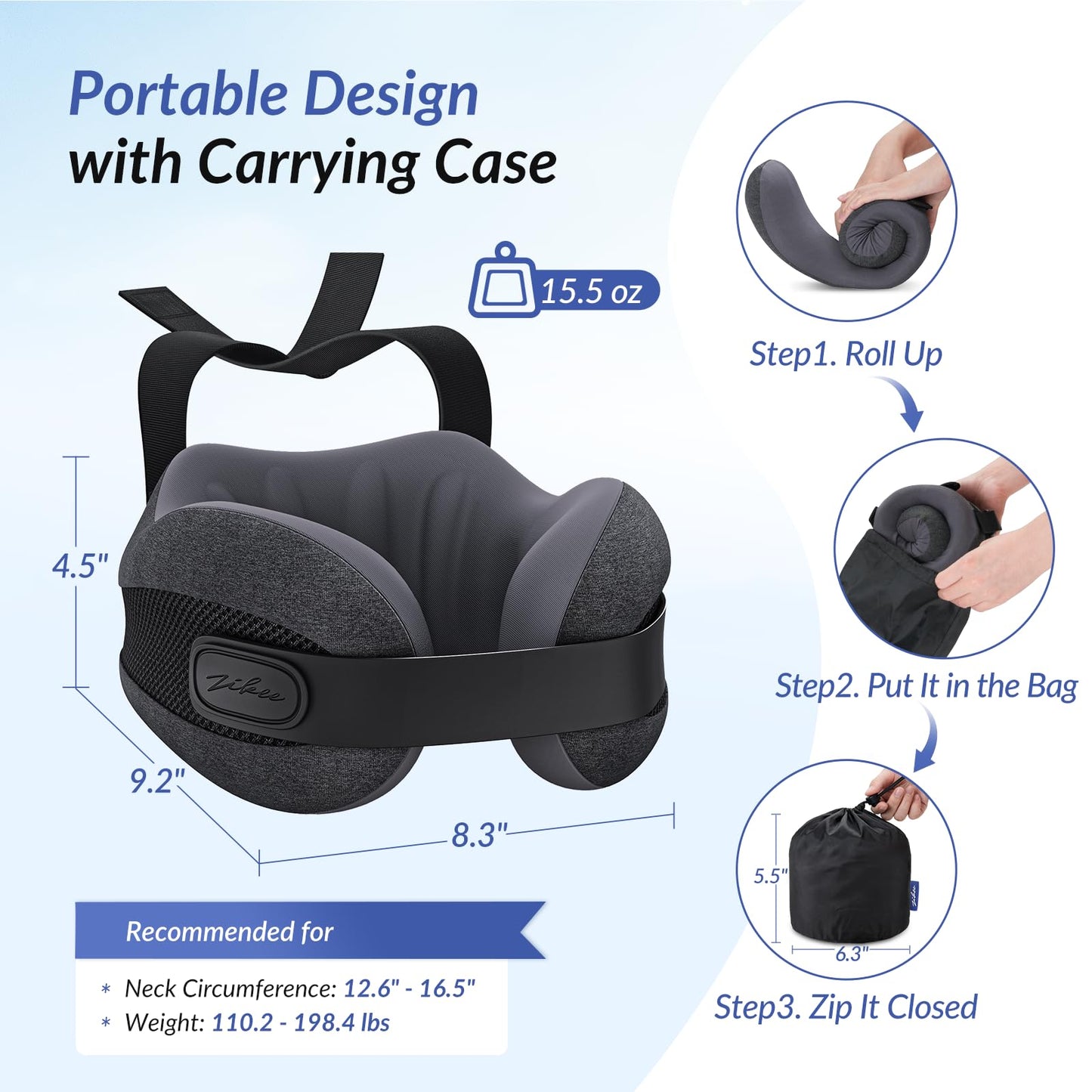 ZIKEE Dual-Layer Memory Foam Neck Pillow for Airplane, Travel Pillow with Seat Straps to Secure Head & Neck, Ergonomic Ear-Friendly Neck Pillow for Traveling with Breathable Vent Holes, Airy Cover