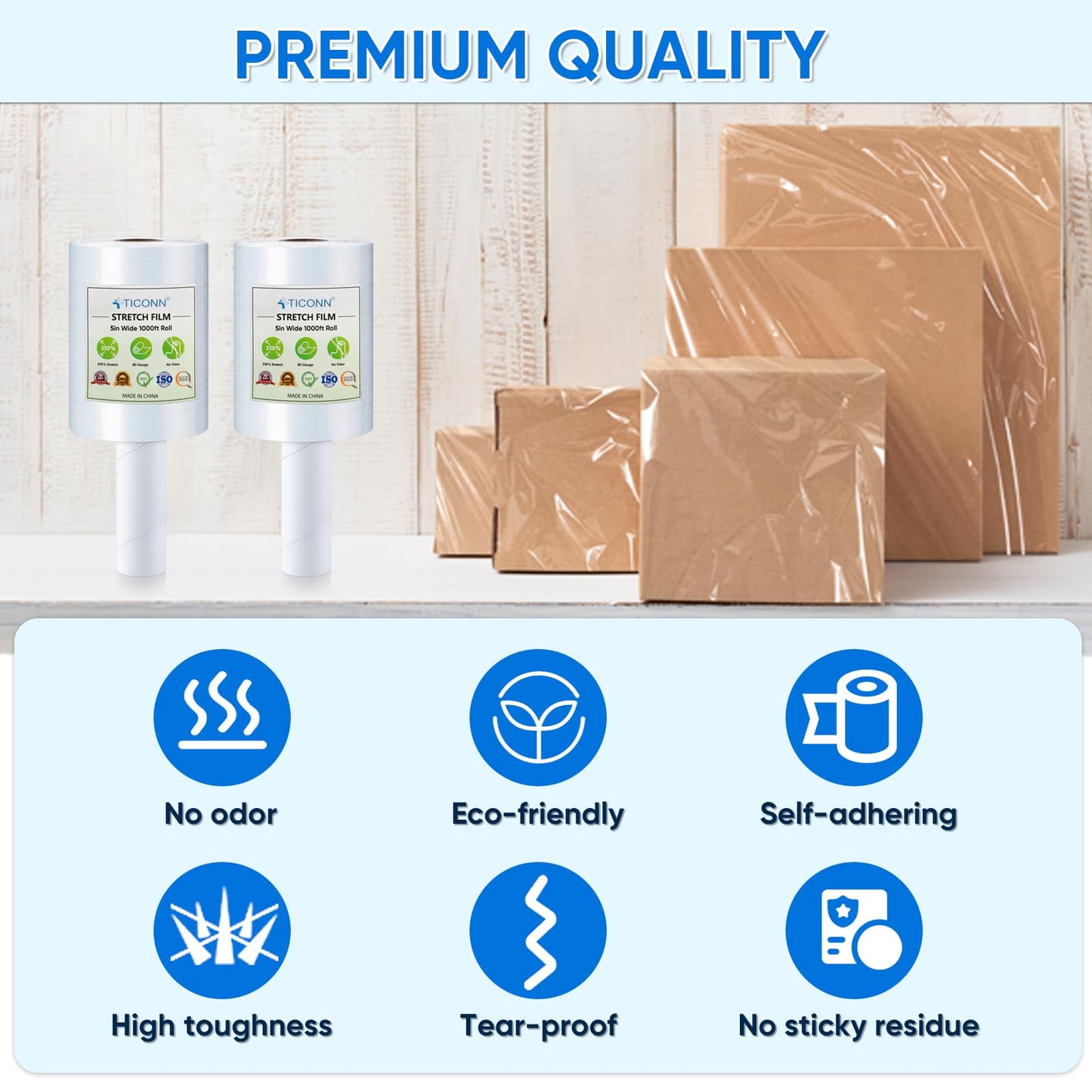 TICONN 4Pk Stretch Wrap Stretch Film Roll, 1000ft Industrial Strength 5 inch Wide Clear Plastic Wrap with Handles for Pallet Wrapping Shipping Moving