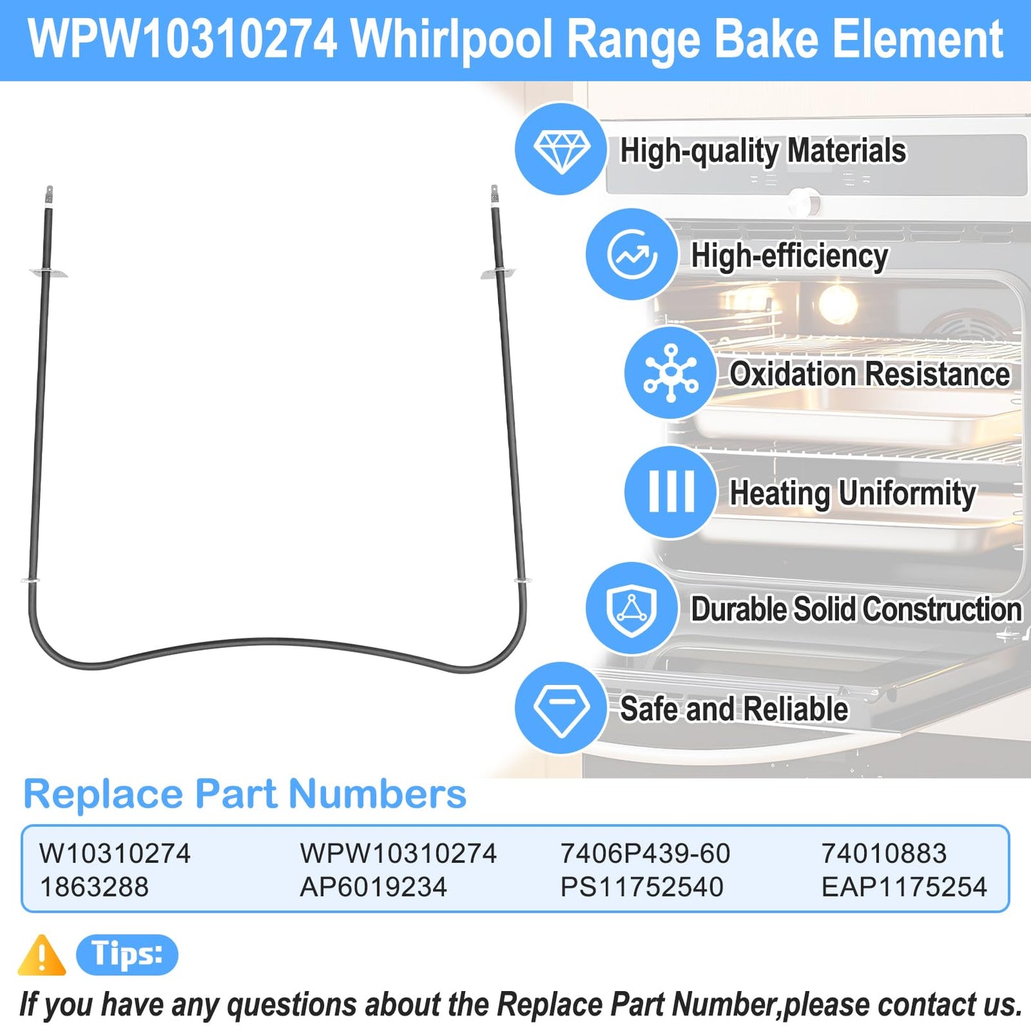 UPGRADED W10310274 Oven Bake Element Compatible with Whirlpool Maytag Jenn-Air Amana Range Ovens Parts,WPW10310274 Oven Lower Bake Element Replacement 1863288 74010883 7406P439-60 Heating Element