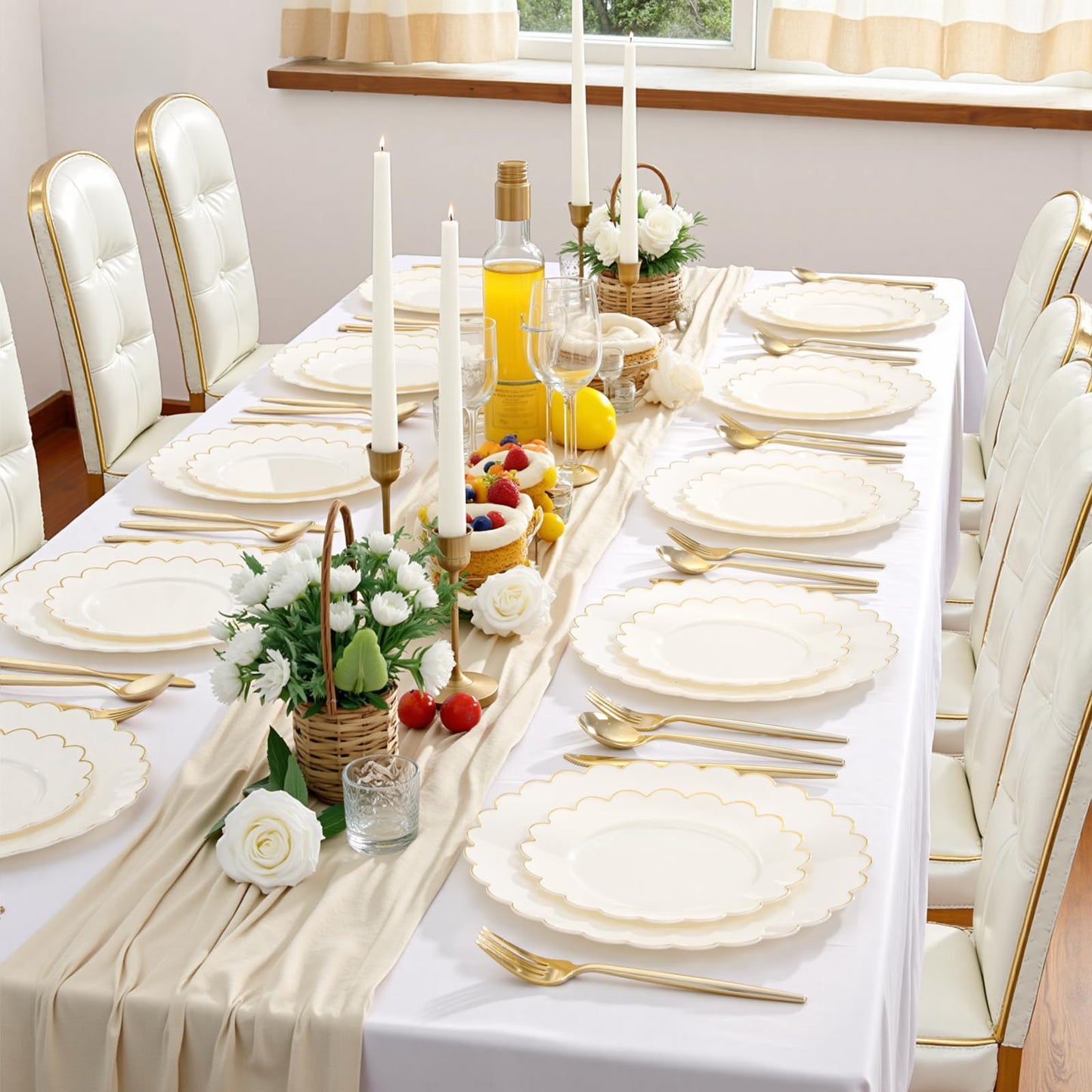 LIYH 120 Pcs Ivory Scalloped Plastic Plates Disposable - Ivory and Gold Plastic Plates - Gold Fancy Disposable Party Dinner & Dessert Plate for Wedding Birthday