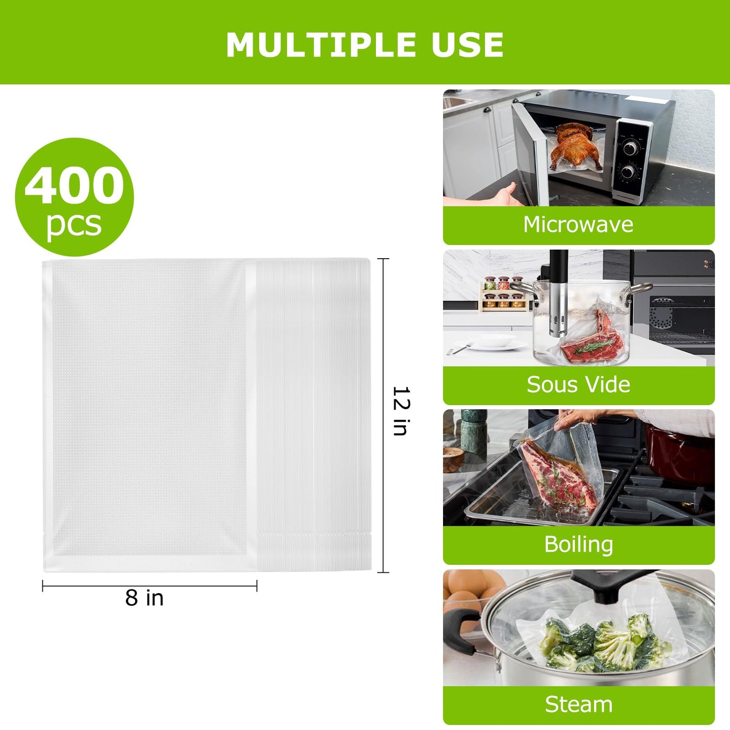Bonsenkitchen Vacuum Sealer Bags,400 Quart 8" x 12" Precut Food Sealer Bags, Commercial Grade, BPA Free, Heavy Duty, Customized Size Vacuum Bags for Vac Storage, Meal Prep or Sous Vide Cooking, VB14