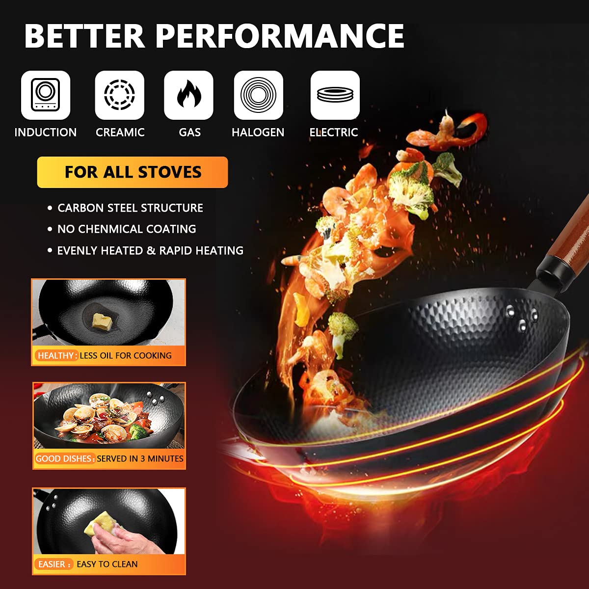 kaqinu 14 Piece Carbon Steel Wok Pan, Woks & Stir-Fry Pans Set with Wooden Lid Cookwares, No Chemical Coated Flat Bottom Chinese Pan for Induction, Electric, Gas, Halogen All Stoves - 12.6''