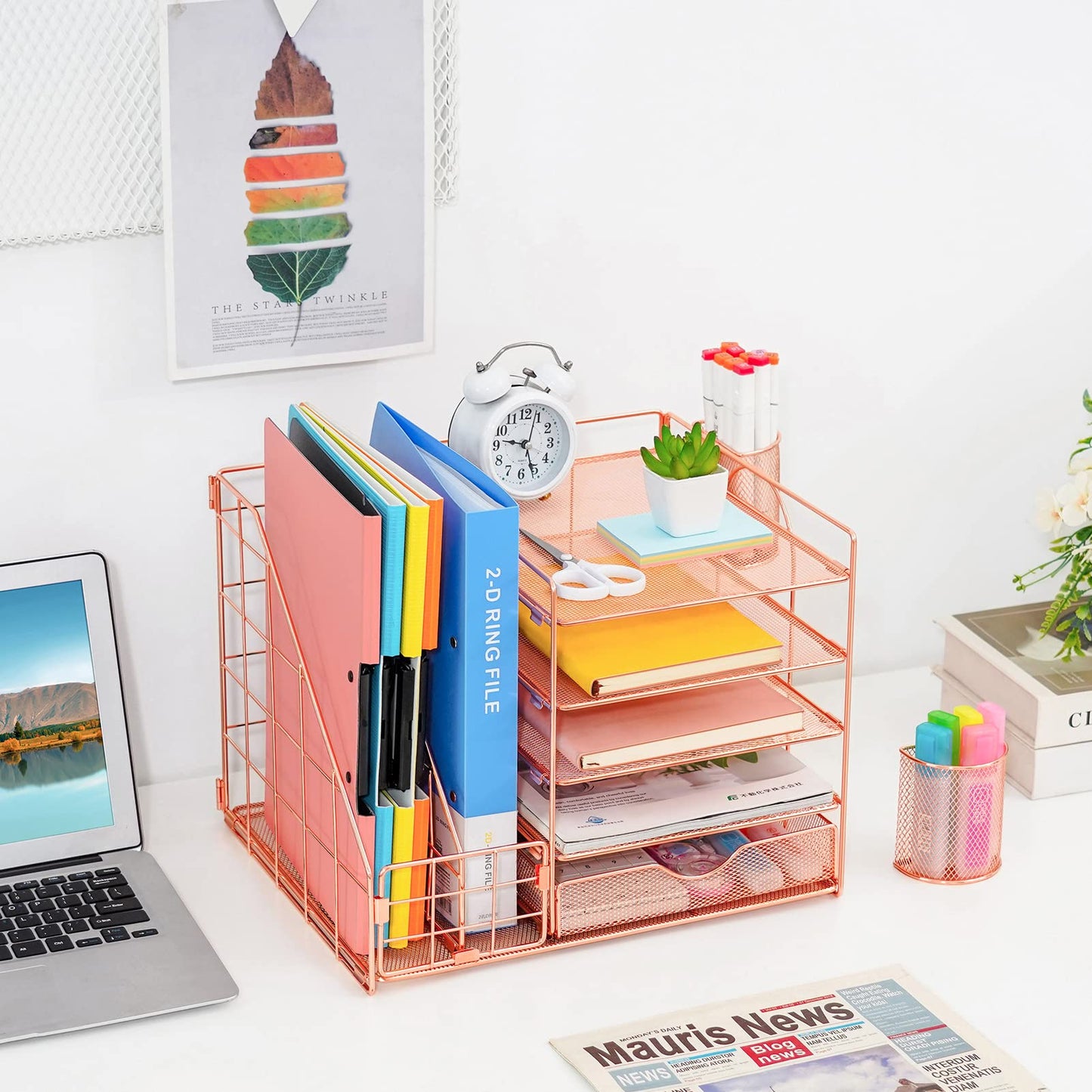 Marbrasse Rose Gold Desk Organizer with File Holder, 5-Tier Paper Letter Tray Organizer and Drawer, Mesh Desktop Storage with Magazine Holder for Office Supplies