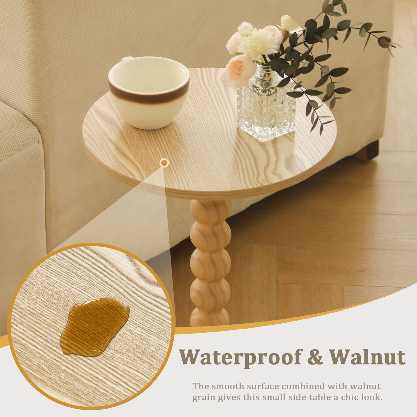 Fultyle Round Side Table, Small Drink Table for Small Spaces, Modern Accent End Table with Solid Wood Leg for Living Room, Bedroom, Corners, and Office (Natural)