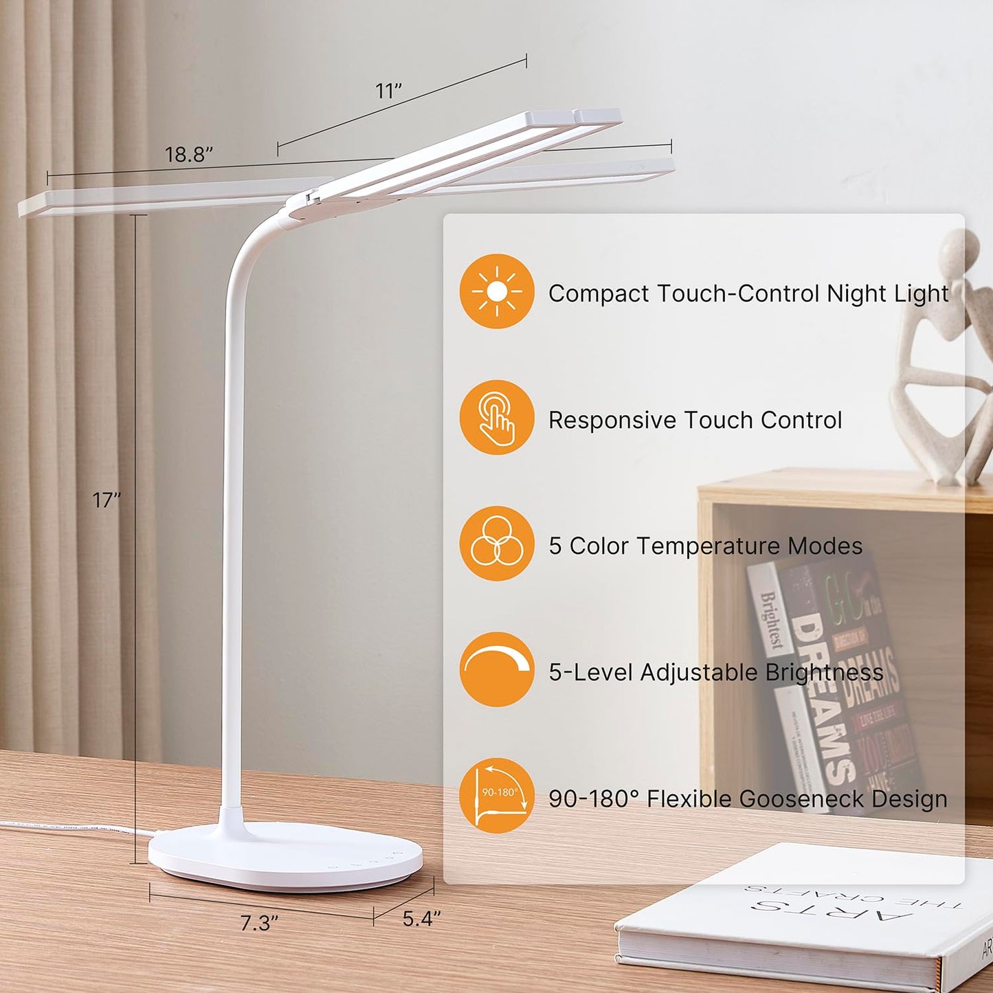 Donnitec LED Desk Lamp for Home Office, Ultra-Wide Double Head Desk Light with 90° Flexible Gooseneck, Eye-Caring Low Blue Light, 5 Color Modes (2700K-6500K) & 5 Brightness Levels, Touch Control