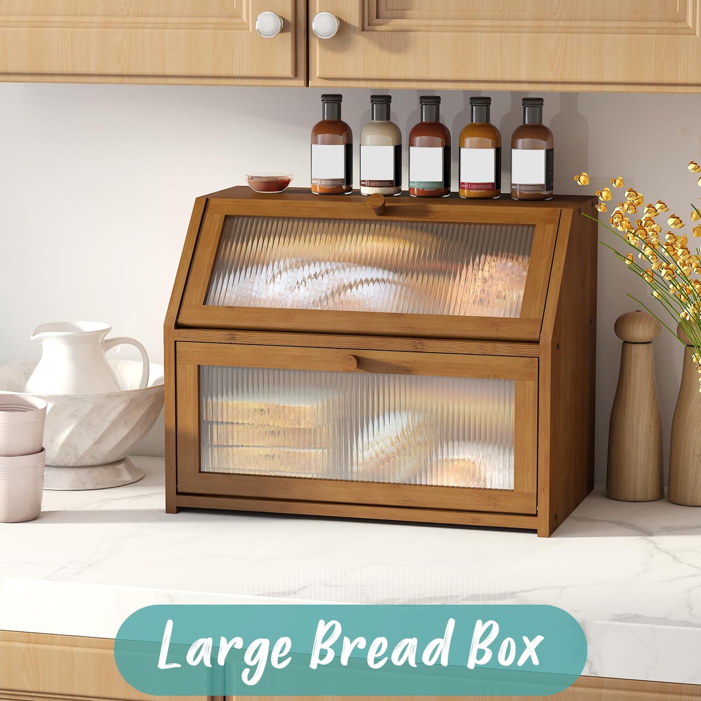 Vriccc Bread Box for Kitchen Counter, Large Bamboo Wood Double Layer Bread Box, Wooden Bread Storage Capacity
