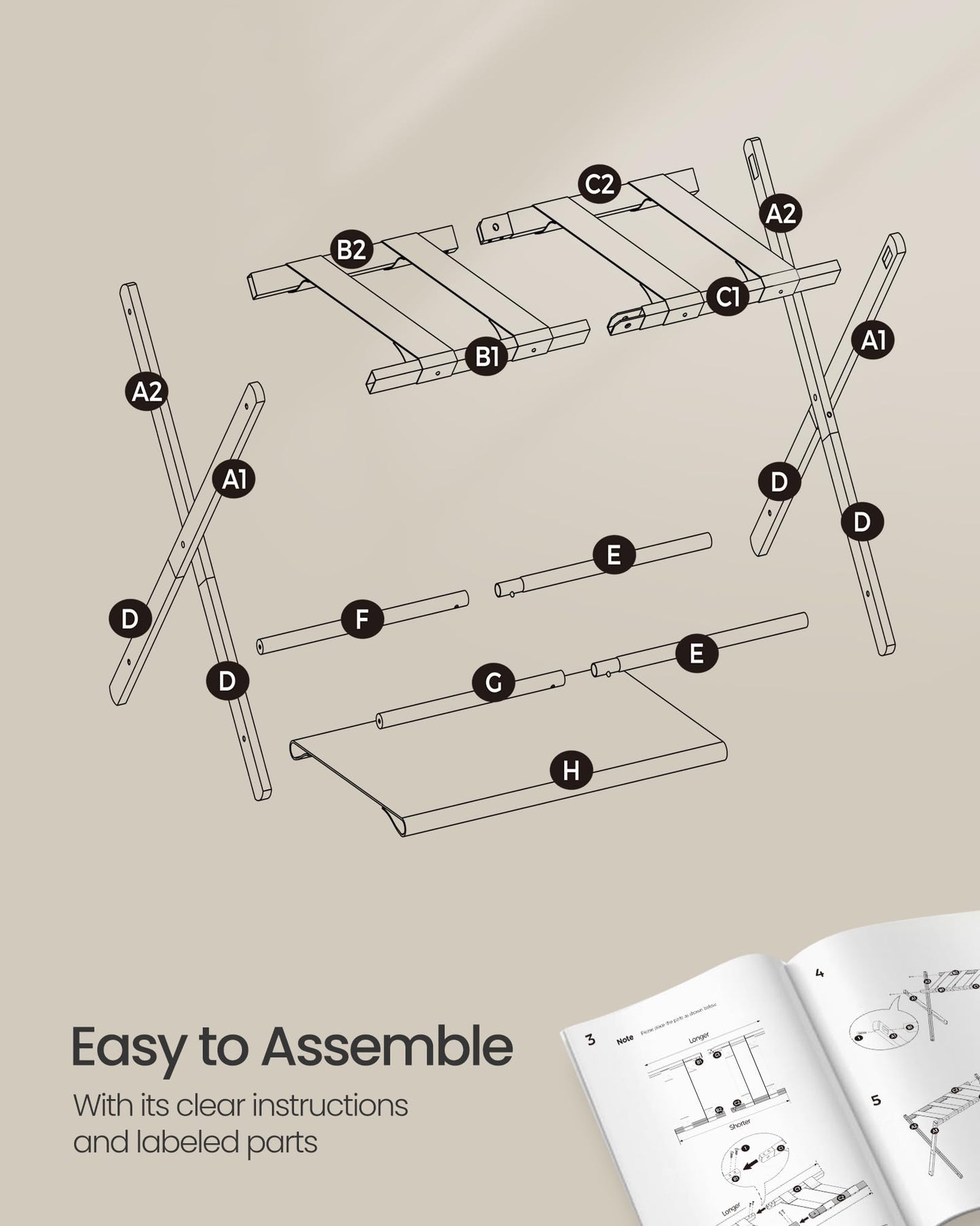 SONGMICS Luggage Racks for Guest Room, Set of 2, Suitcase Stand with Storage Shelf, Steel Frame, Foldable for Easy Storage, Hotel, Bedroom, Cloud White URLR003W02