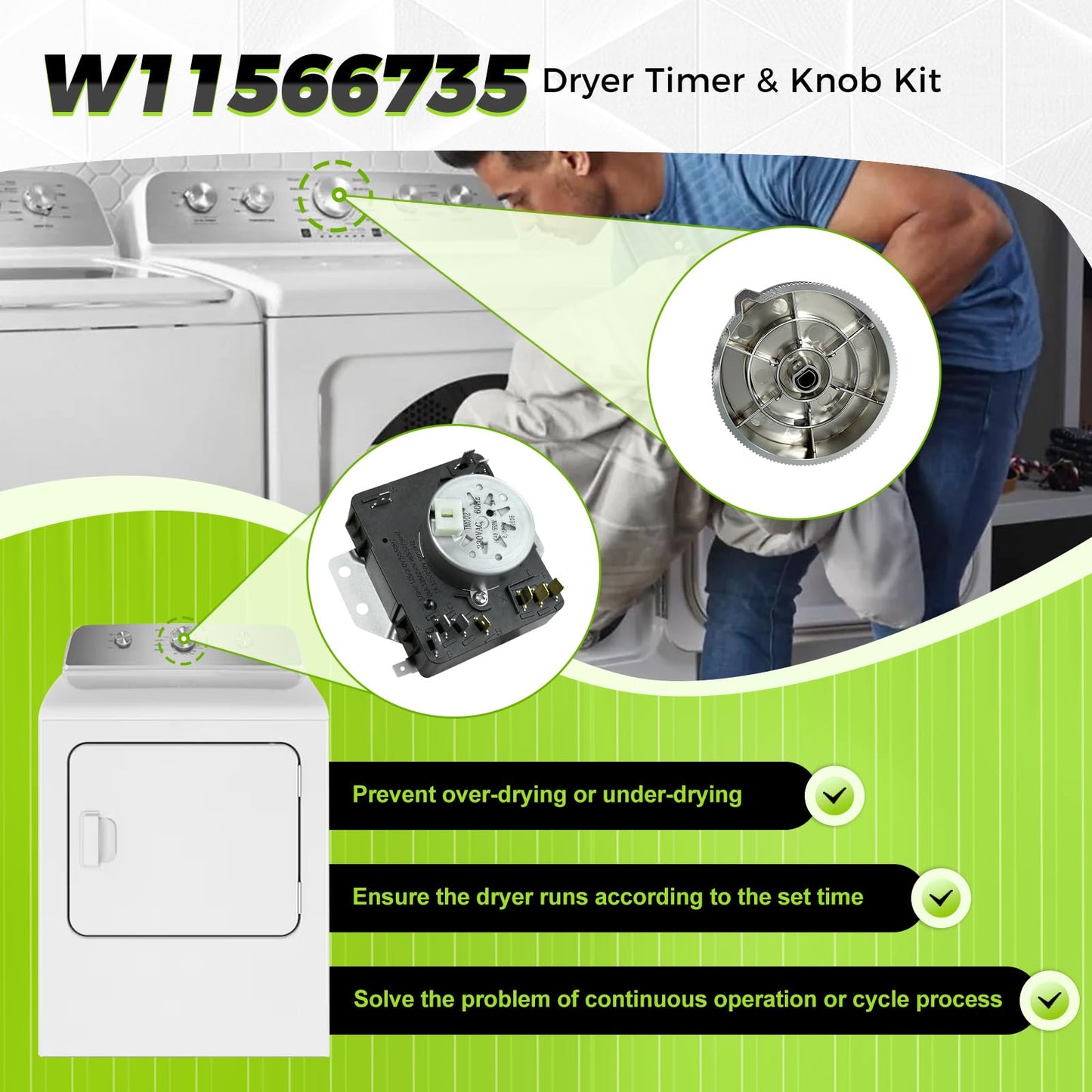 W11685947 W11566735 Dryer Timer & Knob Kit Compatible with Whirlpool Maytag, Replacement Part 4981088 AP7215858 PS17216594 EAP17216594 FIX17216594 162-428-1