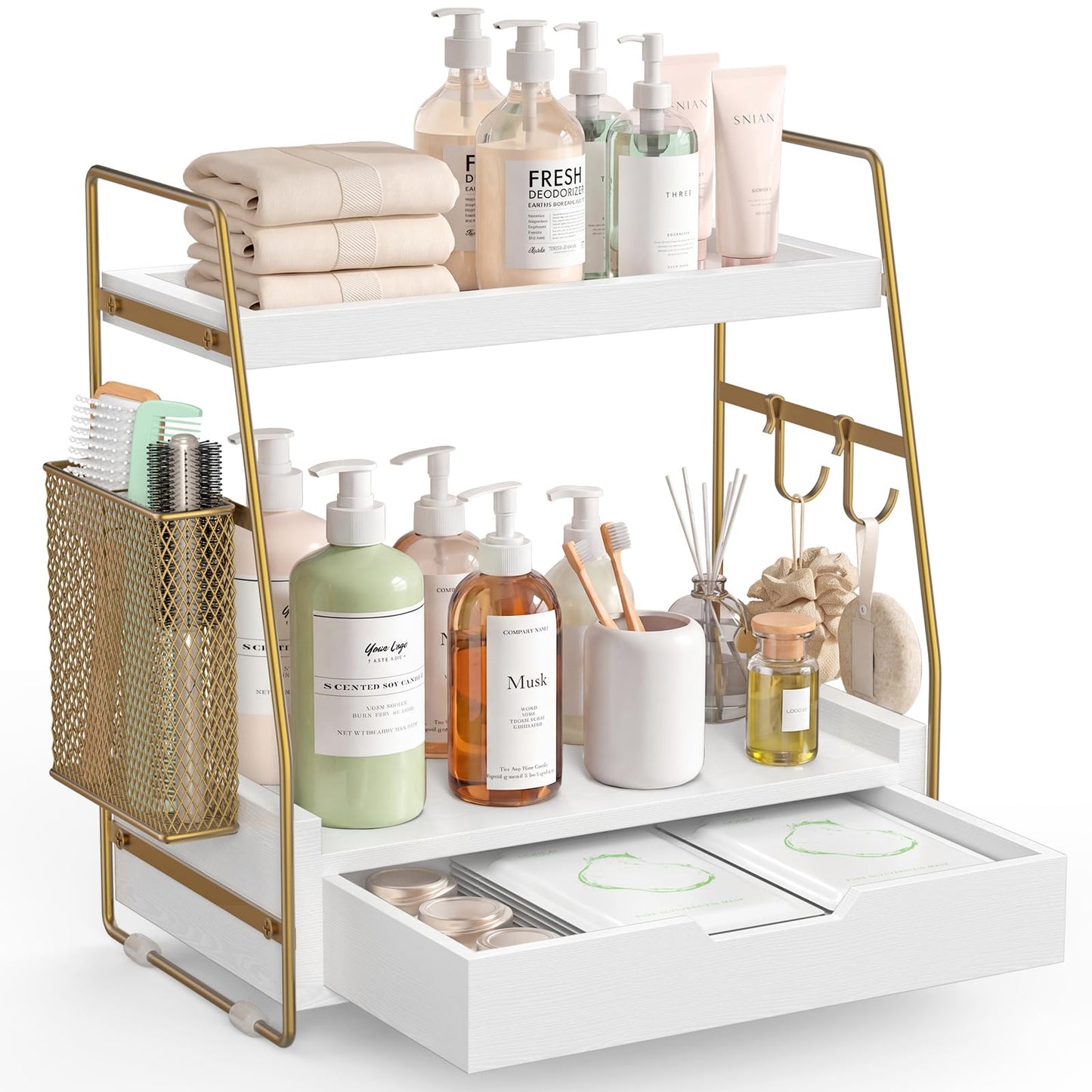 ROPALINS 2-Tier Bathroom Counter Organizer with Drawer and Removable Basket, Wood Vanity Countertop Storage for Perfume, Makeup, Skincare, Bathroom Counter Shelf, Moisture-Resistant, White Gold