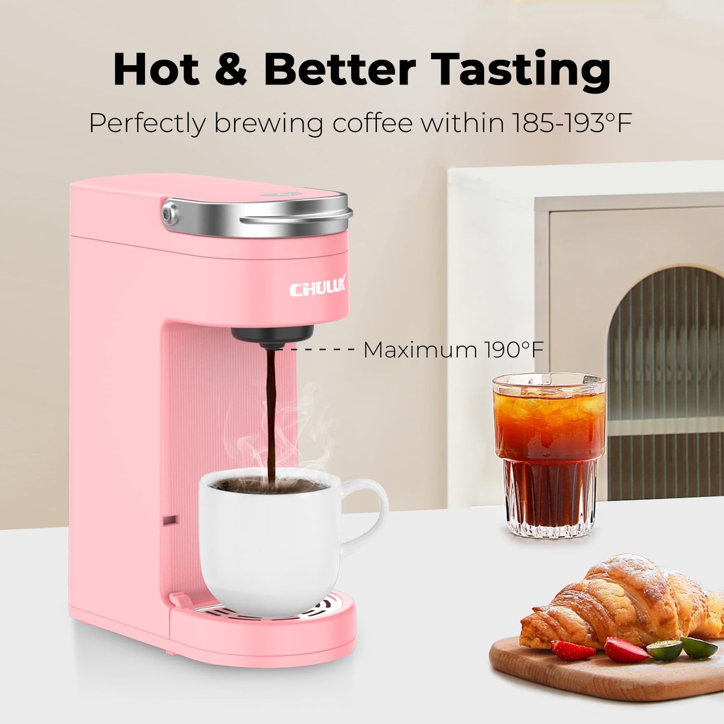 CHULUX Slim Single Serve Coffee Maker for K Pods, One Cup Coffee Maker Fits 7.3" Travel Mugs, Coffee Machine with 6 to 12oz Brew Sizes, Salmon Pink