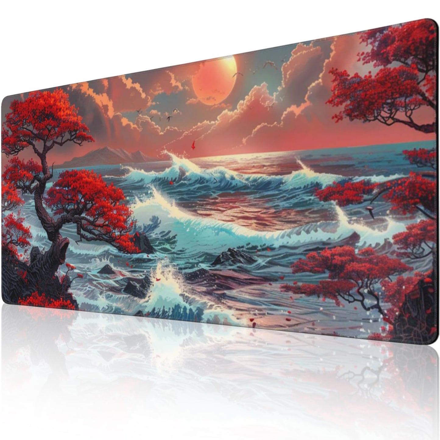 ZOCOZY XXXL Japanese Sea Wave Desk Mat 48"x24" - Full Desktop Protector & Non-Slip Gaming Mouse Pad with 3mm Thick Base & Stitched Edge for Dual Monitors, Office & Home