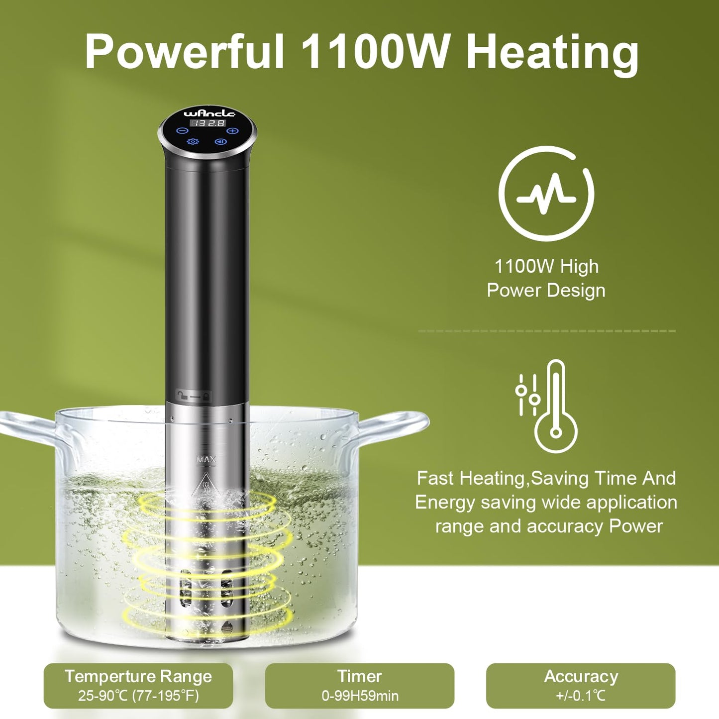 Sous Vide, Wancle 1100W Immersion Circulator, IPX7 Sous Vide Cooker, Small Space-Saving Design, Sous Vide Machines with Accurate Temperature Control, Black, 120V