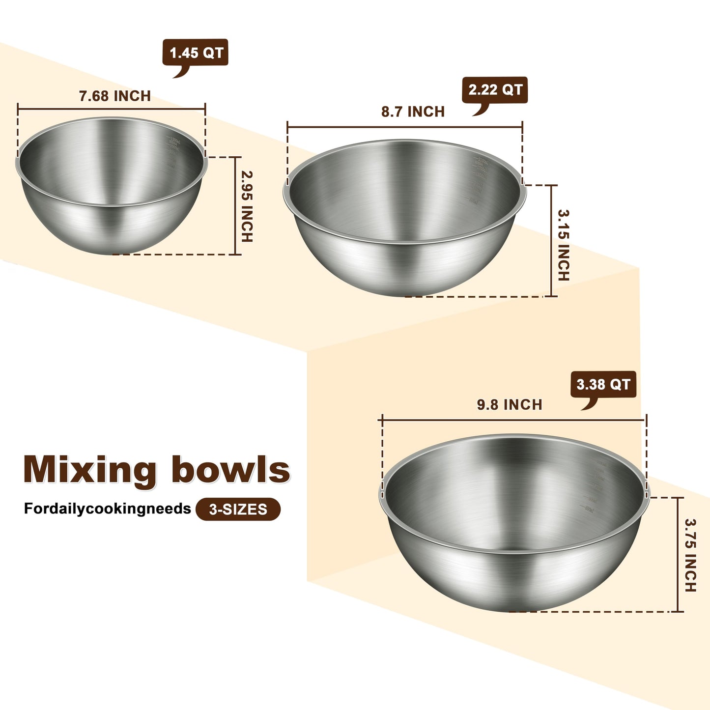 Gronivex Metal Mixing Bowls, 304 Stainless Steel, Set of 3 (1.5, 2.2 & 3.4 Qt) – Thicker-Gauge, Stackable Nesting & Space-Saving – Classic Everyday Bowls for Baking, Salad Prep & Cooking