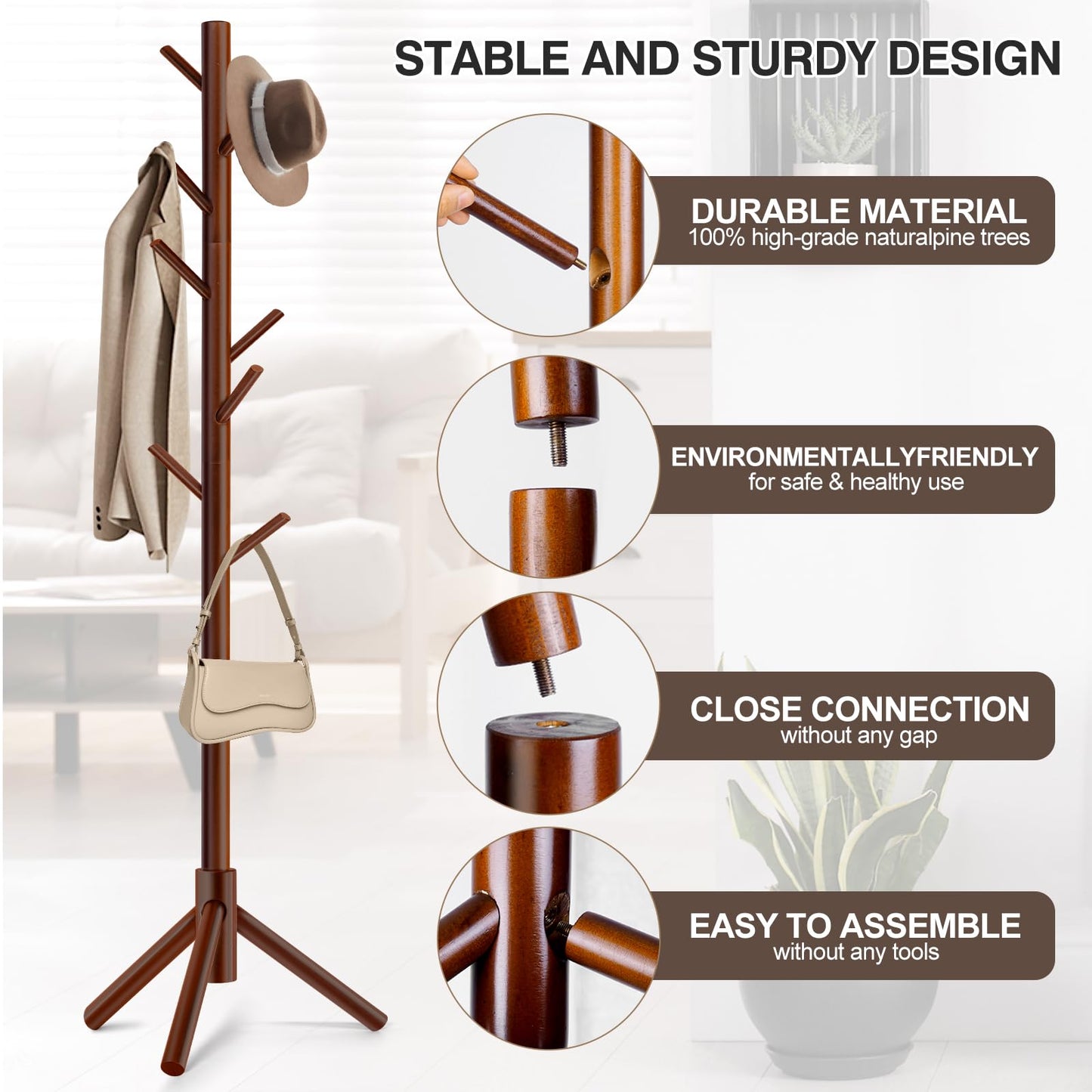 WANGMUXIA 2 PCS Coat Rack, Freestanding Coat Rack with 8 Hooks and 3 Adjustable Size Tree Coat Racks for Bedroom, Hallway, Entrance, Office, for Hats, Coats, Scarves, Handbags