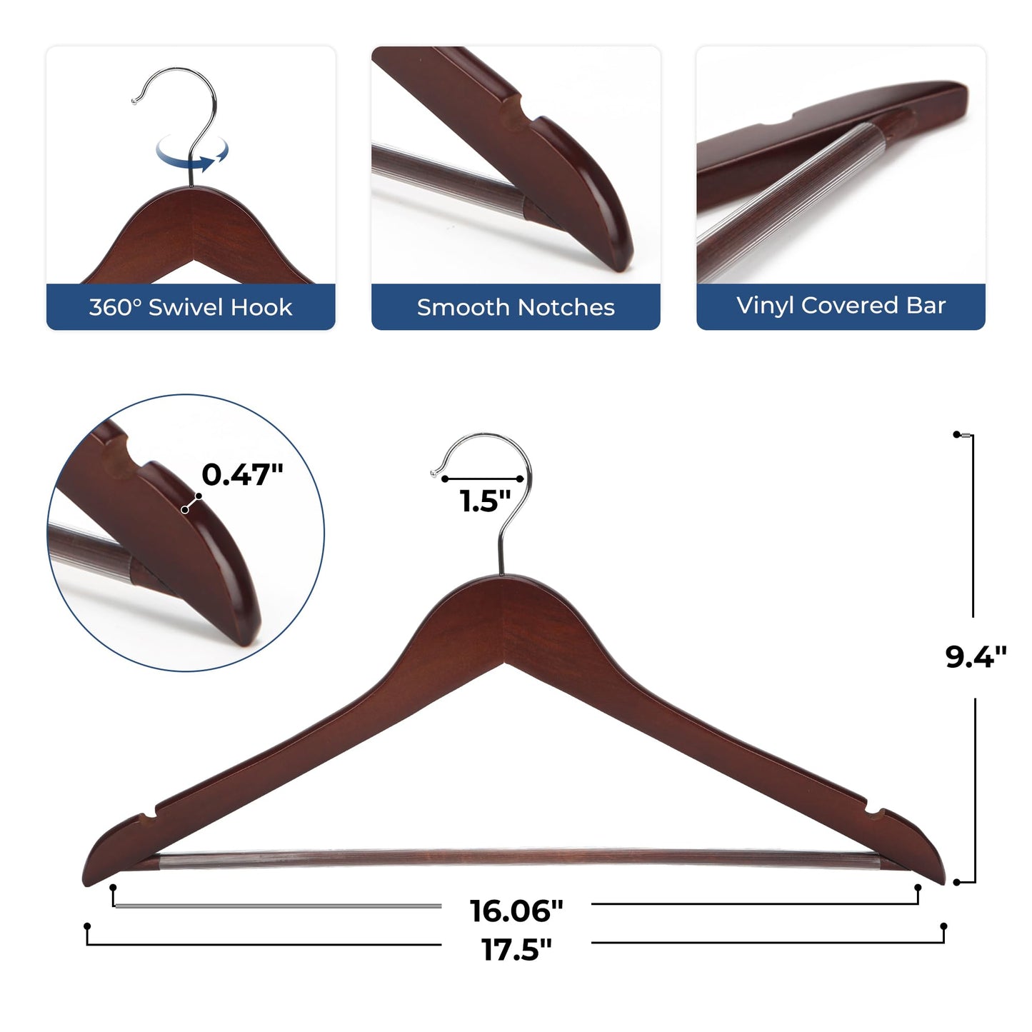 JS HANGER Wooden Coat Hangers, 20 Pack High Grade 17.5 Inch Wood Suit Hangers with Non Slip Pant Bar - Extra Smooth and Splinter Free Walnut Finish Wooden Suit Hangers for Closet Organization