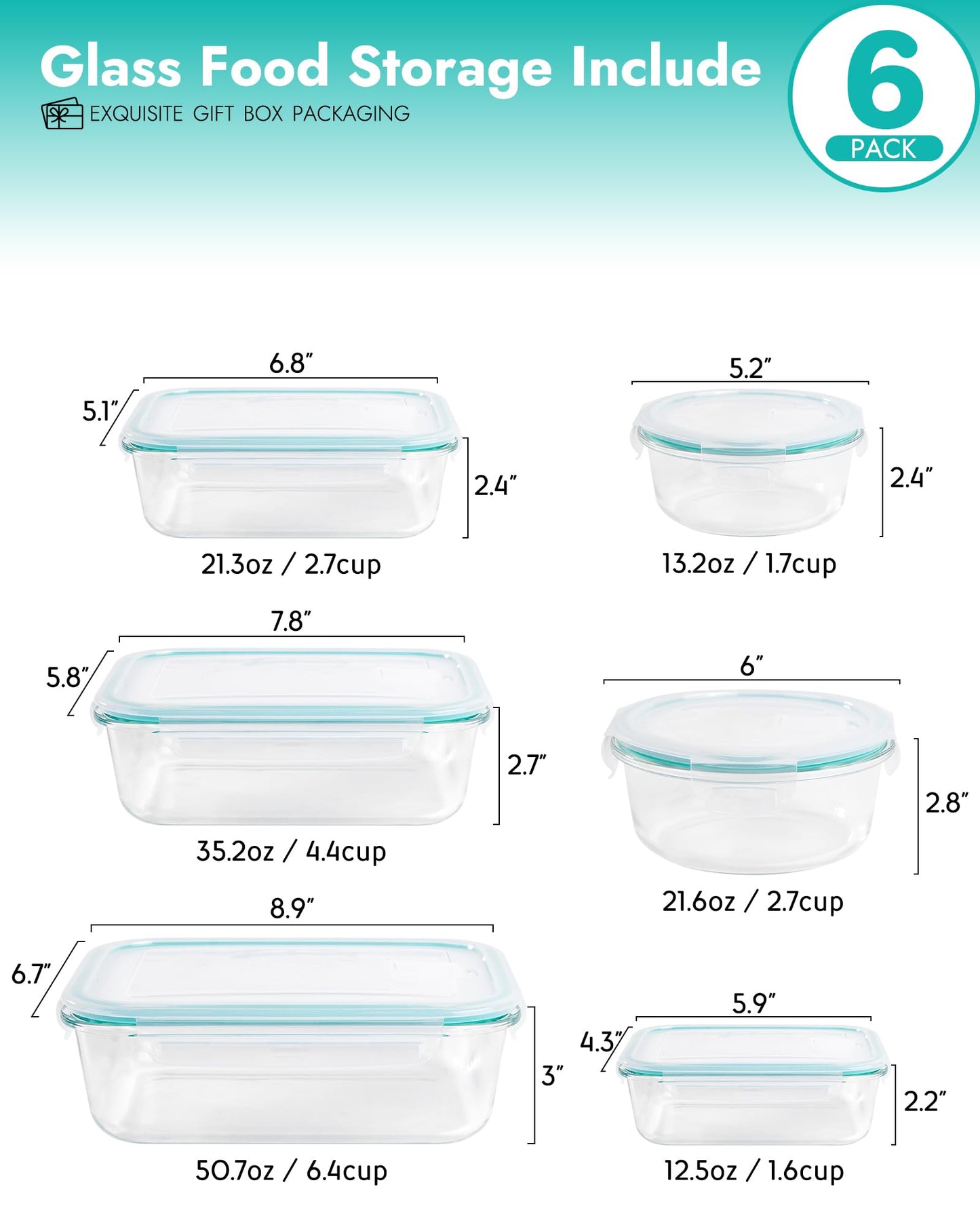 BOROHOUSE 6-Pack Borosilicate Glass Food Storage Containers Set with Airtight Lids - Oven, Microwave & Freezer Safe, Leak-Proof, BPA-Free - Baking, Meal Prep & Gift Ready