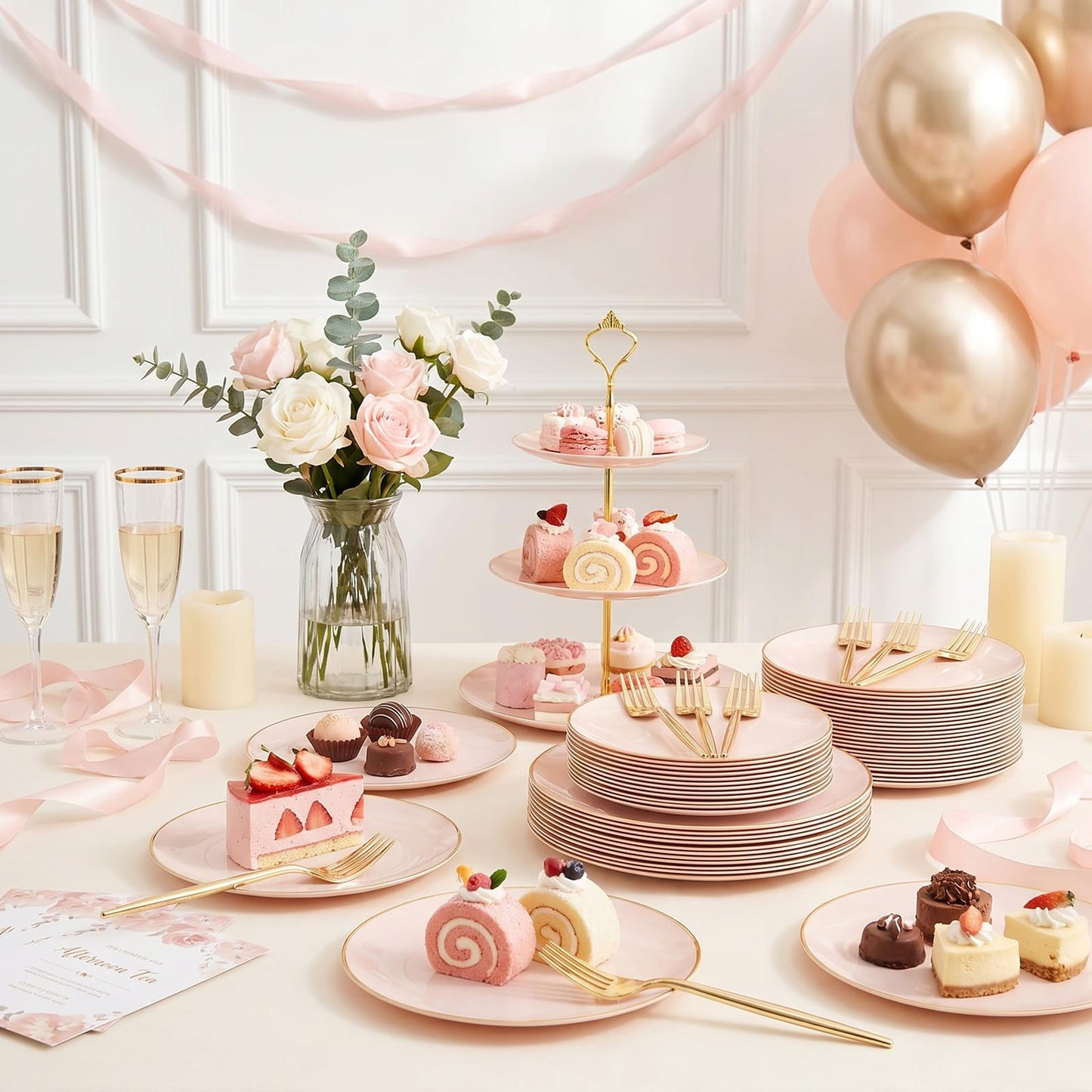 Rubtlamp 200Pcs Plastic Pink Dessert Plates with Disposable Gold Forks,Heavy Duty Pink Disposable Salad Platos,Gold Small Platos,Fancy Appetizer Plates for Mother's Day