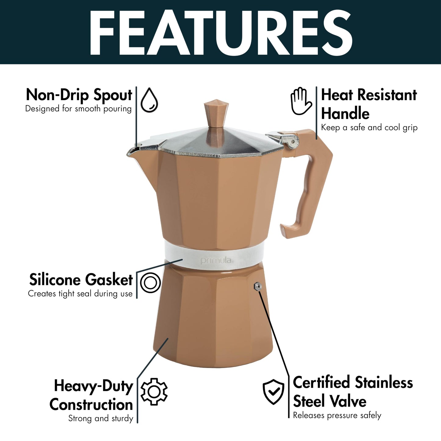 Primula Classic Moka Pot Stovetop Espresso and Coffee Maker, Italian and Cuban Cafetera for Rich Espresso Brewing, Durable Aluminum Greca Coffee Maker with Easy Grip Handle, 6-Cup, Caramel