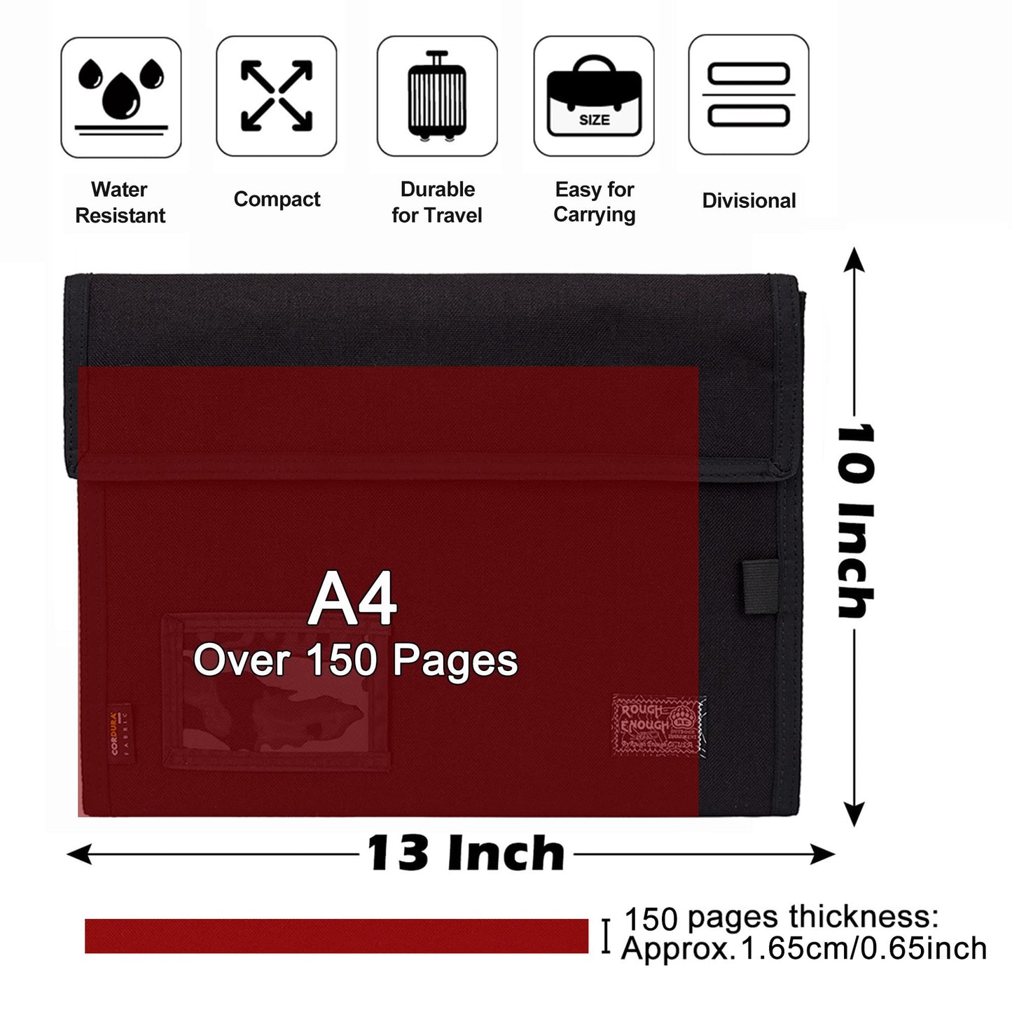 Rough Enough Expanding File Folder, 13x10 Inch Water Resistant Accordion Document Organizer with 3 Dividers, Portable Cordura Portfolio for Office Travel Home, Black