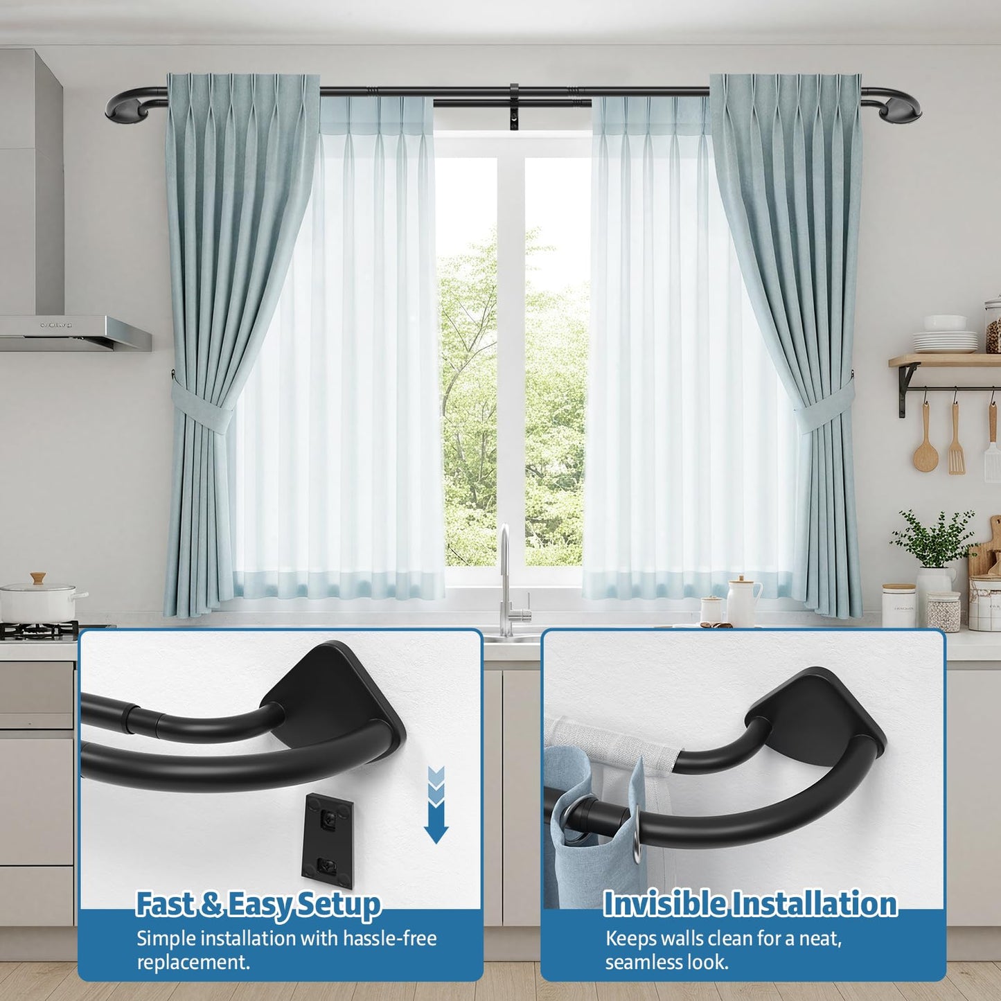 PeSenp Black Double Curtain Rod 38 to 62 Inches, Blackout Wrap Around Curtain Rod for Windows, 6/8 Inch Room Darkening Telescoping Double Drapery Rod, Easy Install for Rentals & Apartments